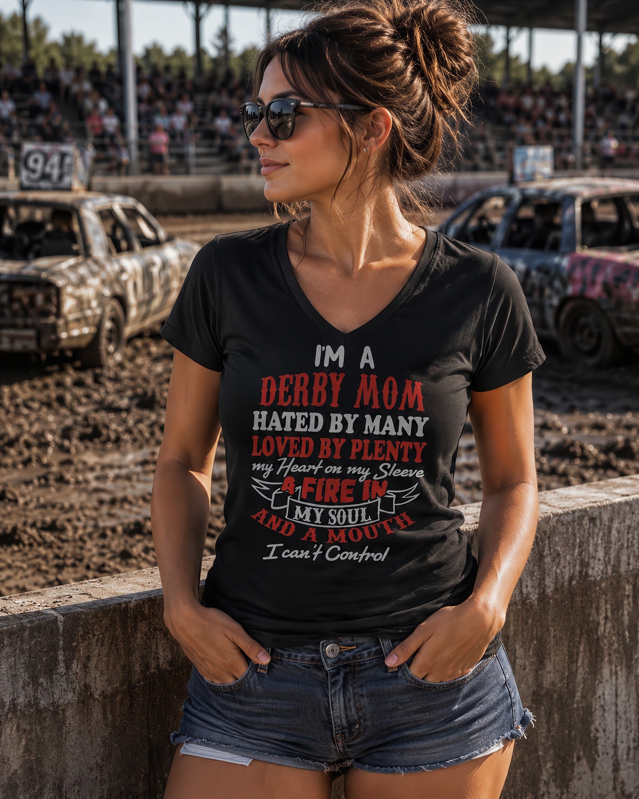 Premium women's black graphic t-shirt mockup featuring a bold, high-contrast white typographic design that reads "I'm a Derby Mom, Hated by Many, Loved by Plenty, Heart on my Sleeve, Engine on the Limit".