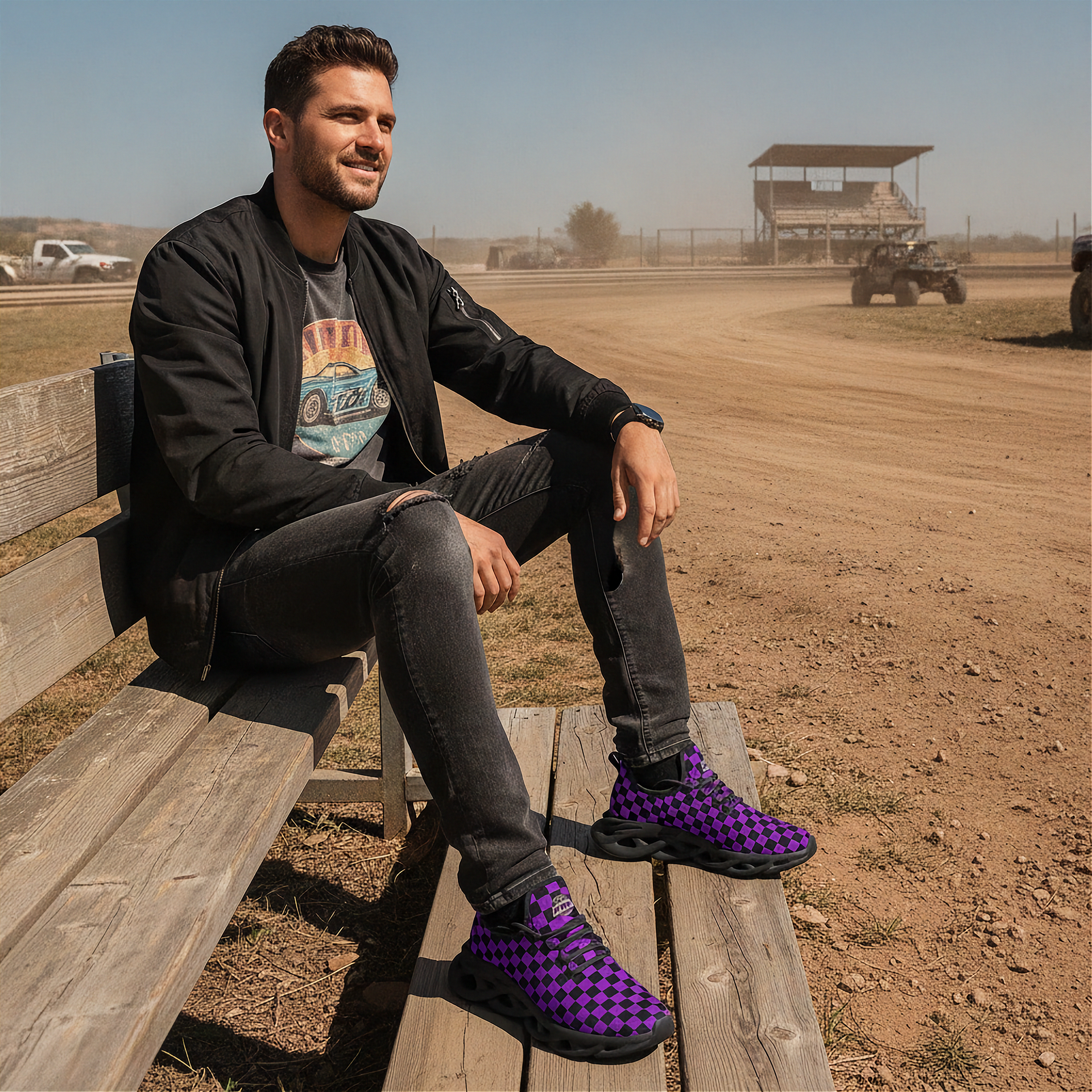 Man sitting on a wooden bench outdoors with a dirt road and vehicle in the background and wearing purple checkered shoes