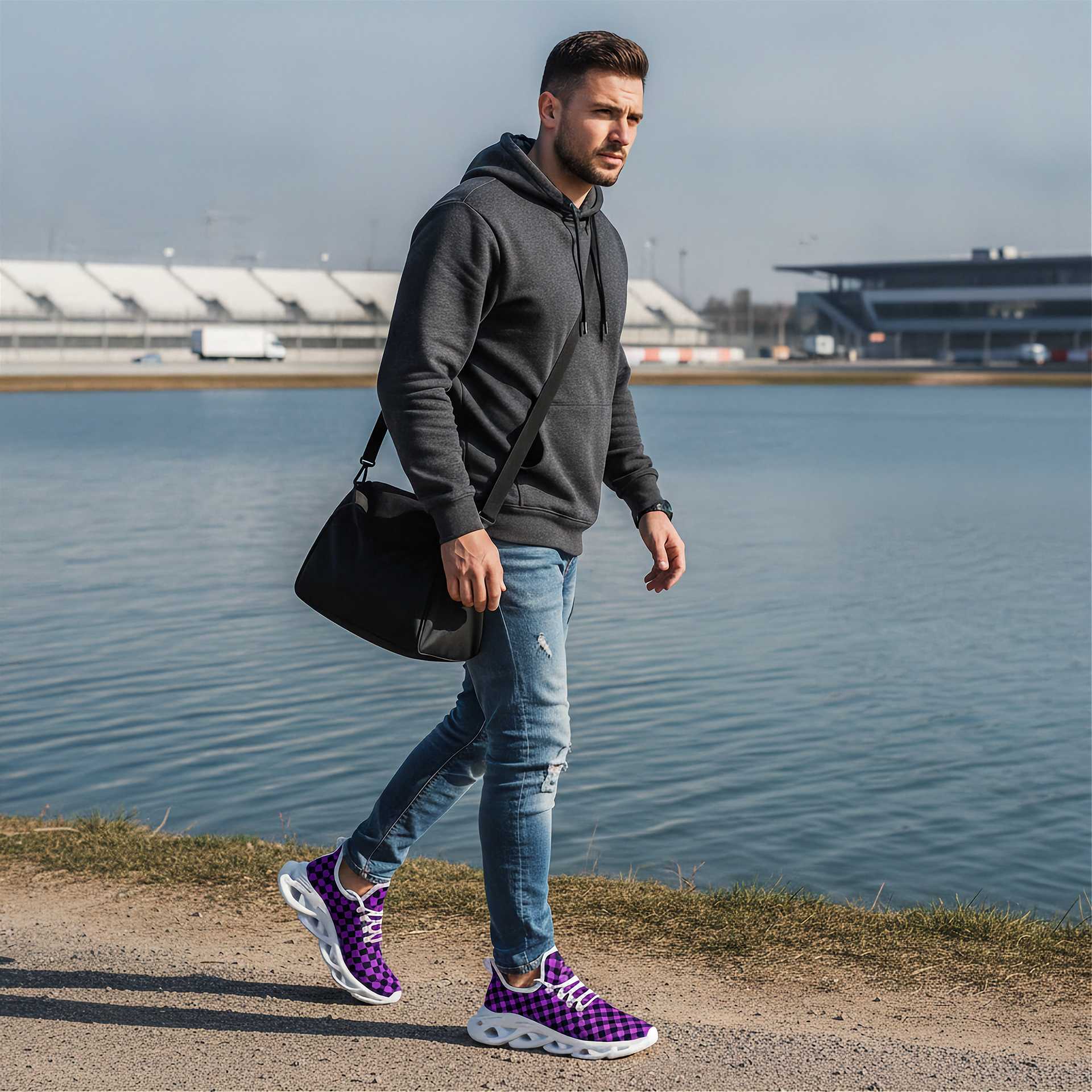 Man walking by a lake wearing a gray hoodie, blue jeans, and purple sneakers.