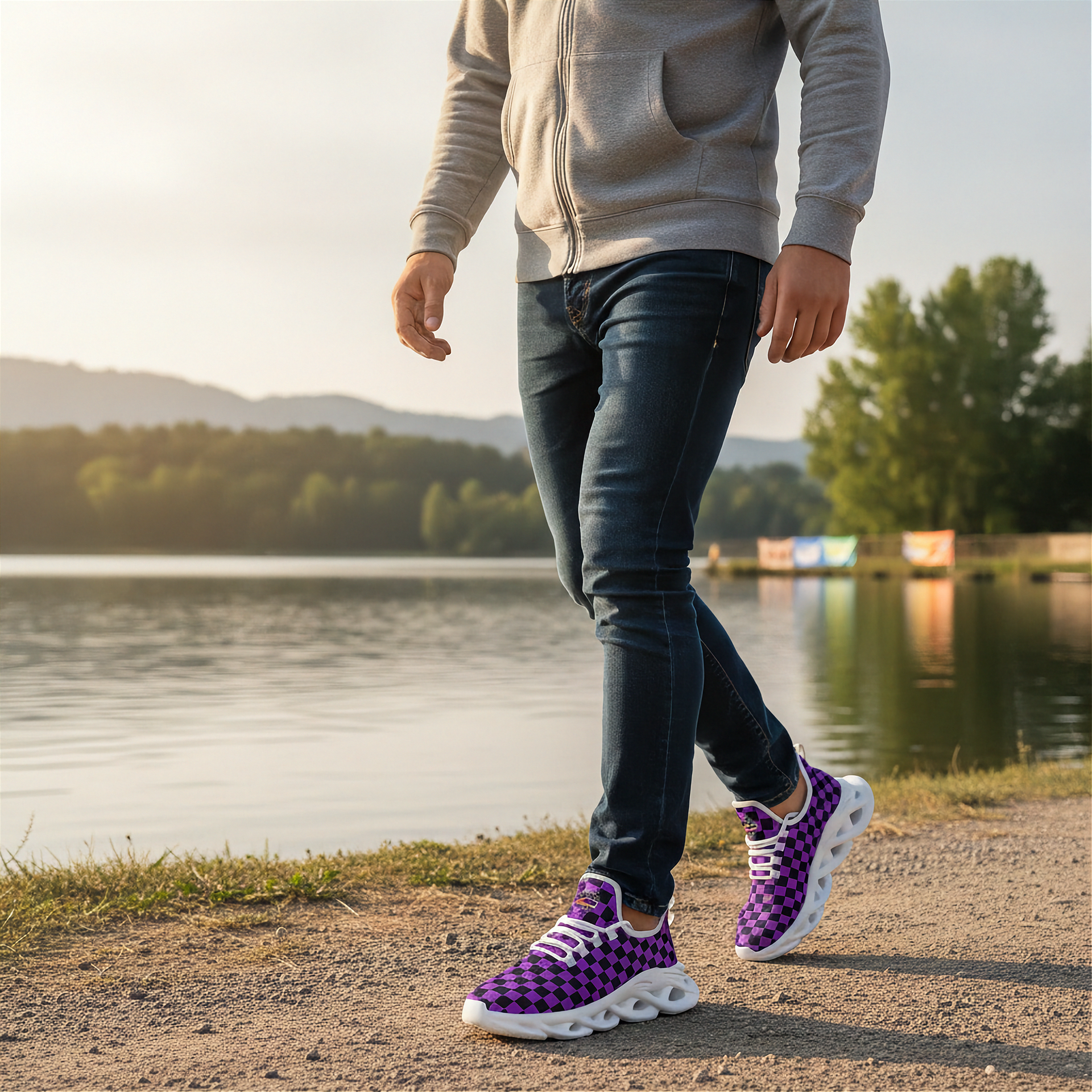 Person wearing purple checkered sneakers walking by a lake with mountains in the background