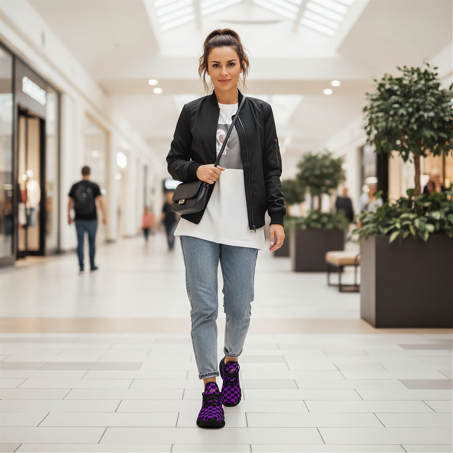 Woman walking in a shopping mall wearing a black jacket, white shirt, blue jeans, and purple shoes.