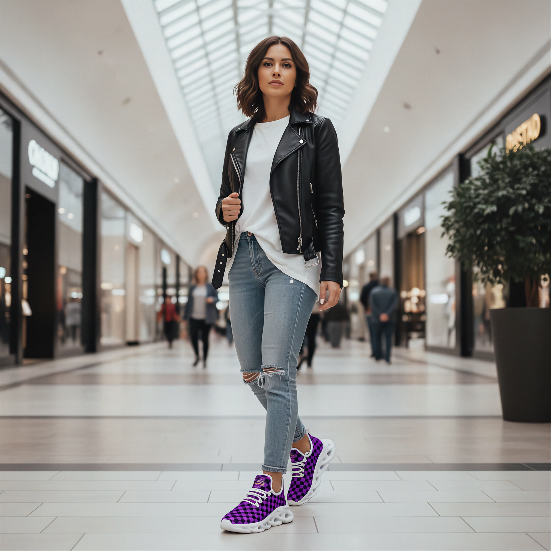Woman in a black leather jacket, white shirt, and ripped jeans with purple sneakers in a mall.