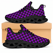 Black and purple checkered sneakers on a beige box with a white background