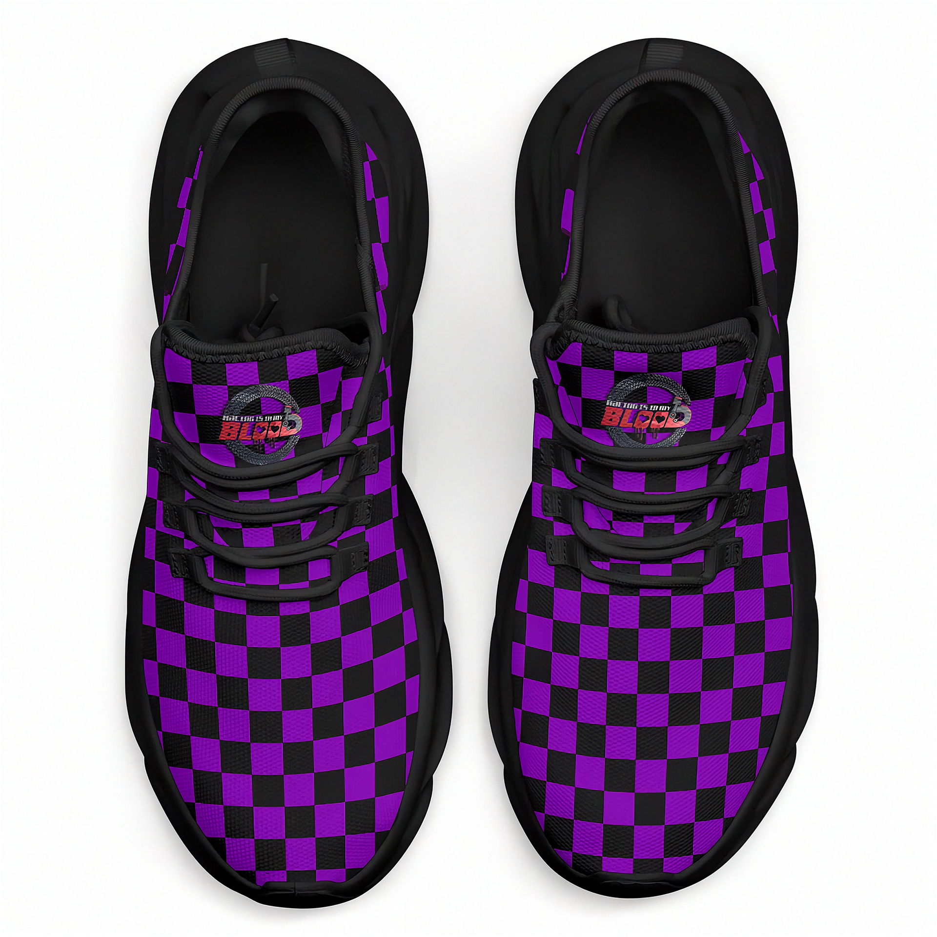 Black and purple checkered sneakers on a white background