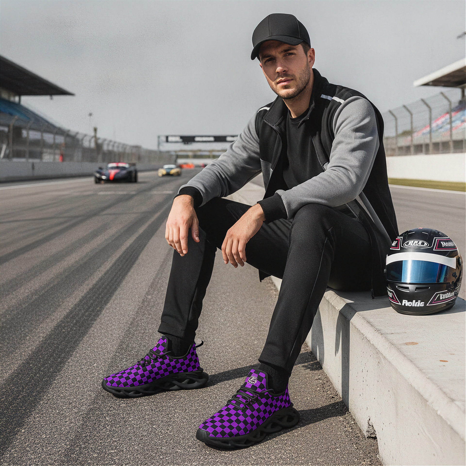 Man sitting on a race track with racing shoes and helmet