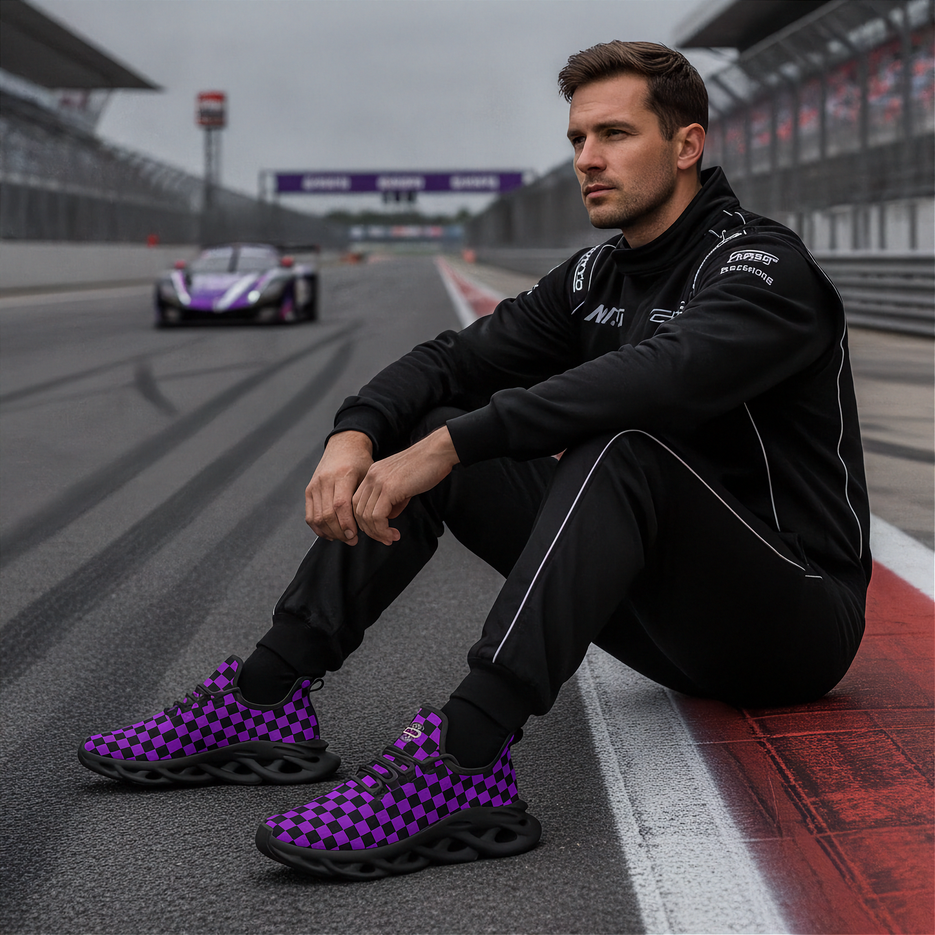 Man sitting on a race track wearing black outfit and purple checkered shoes with a blurred racing car in the background.