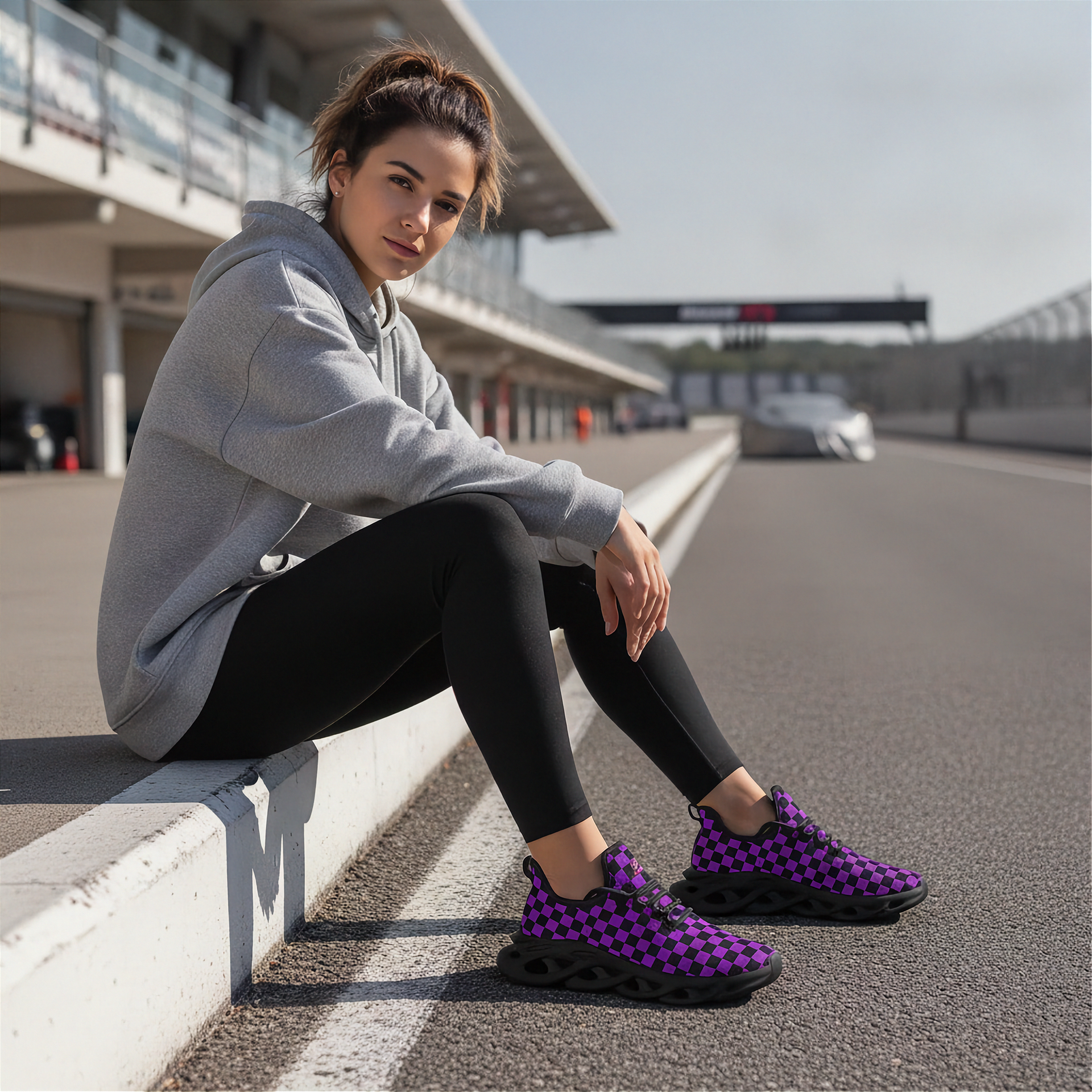 Woman sitting on a race track wearing purple checkered sneakers