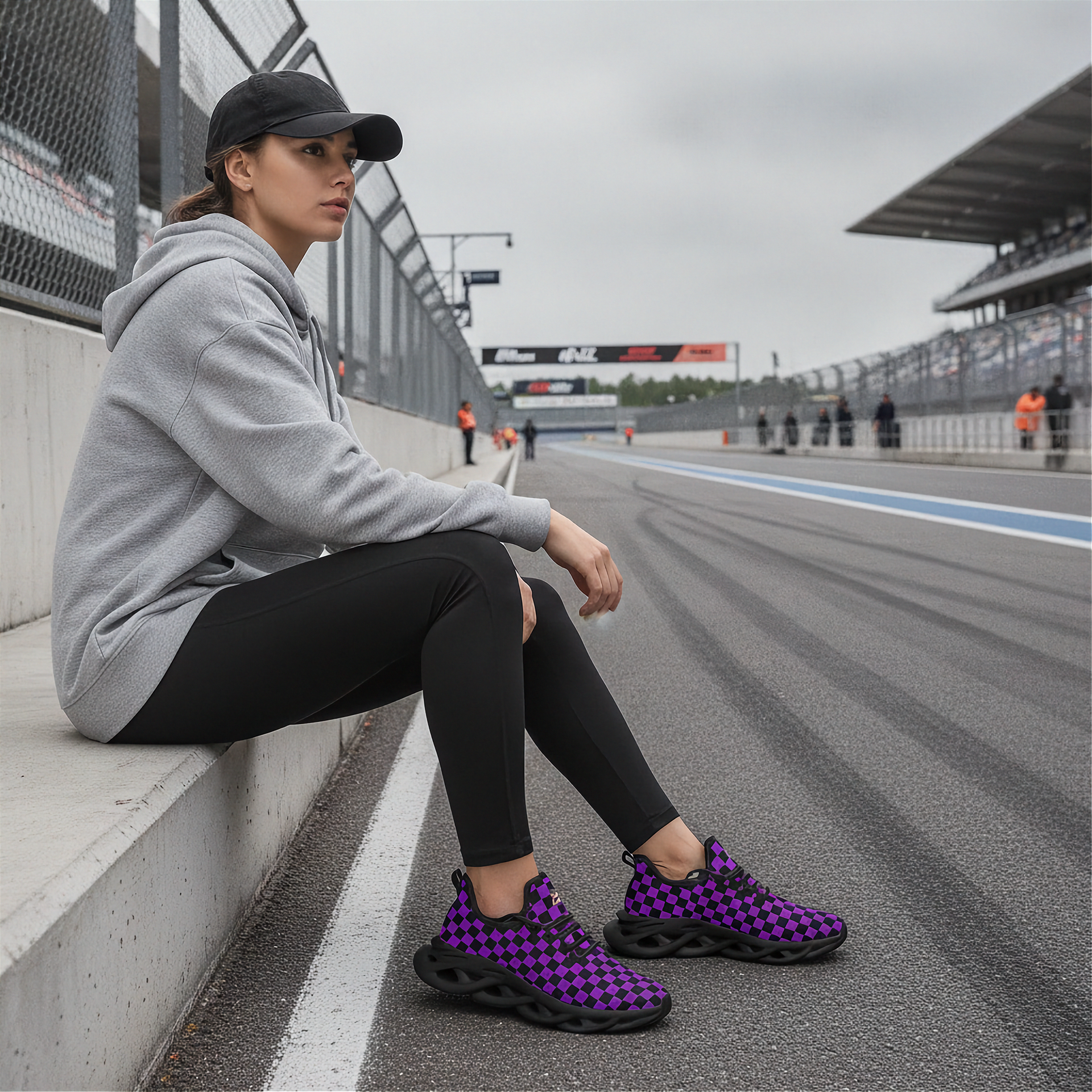 woman sitting on a race track wearing gray hoodie, black leggings, and purple checkered shoes.