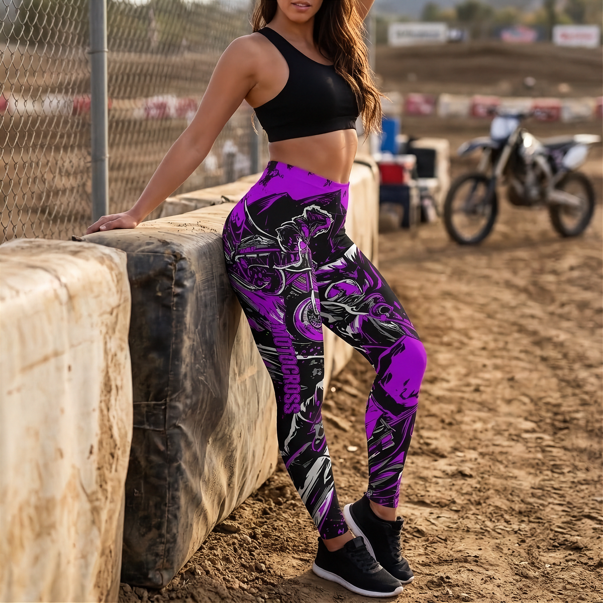 A woman wearing high-waisted athletic leggings with a purple, black, and white motorcycle graphic pattern, posing outdoors at a dirt track next to a tire barrier.