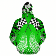 A bright green pullover hoodie with a racing theme, featuring black and white checkered flags on the shoulders, black paint splatters, and white tire tracks on the front, set against a plain white background.