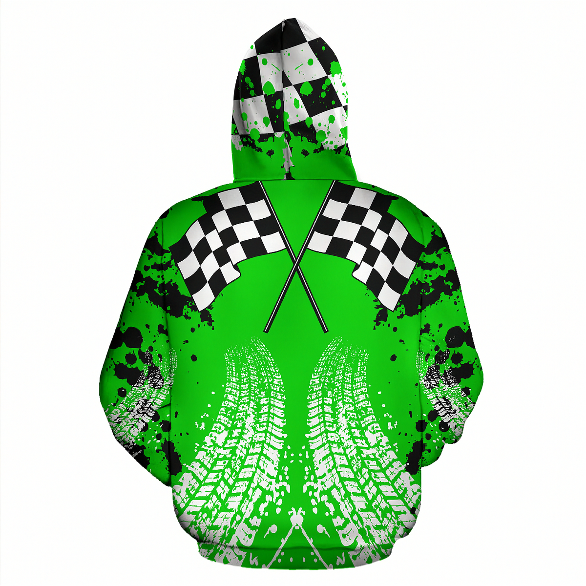 A bright green pullover hoodie with a racing theme, featuring black and white checkered flags on the shoulders, black paint splatters, and white tire tracks on the front, set against a plain white background.