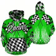 A bright green pullover hoodie with a racing theme, shown from both the front and back. The design features a black and white checkered hood lining, a large 'Racing' script across the chest, crossed checkered flags, tire tracks, and black paint splatters.