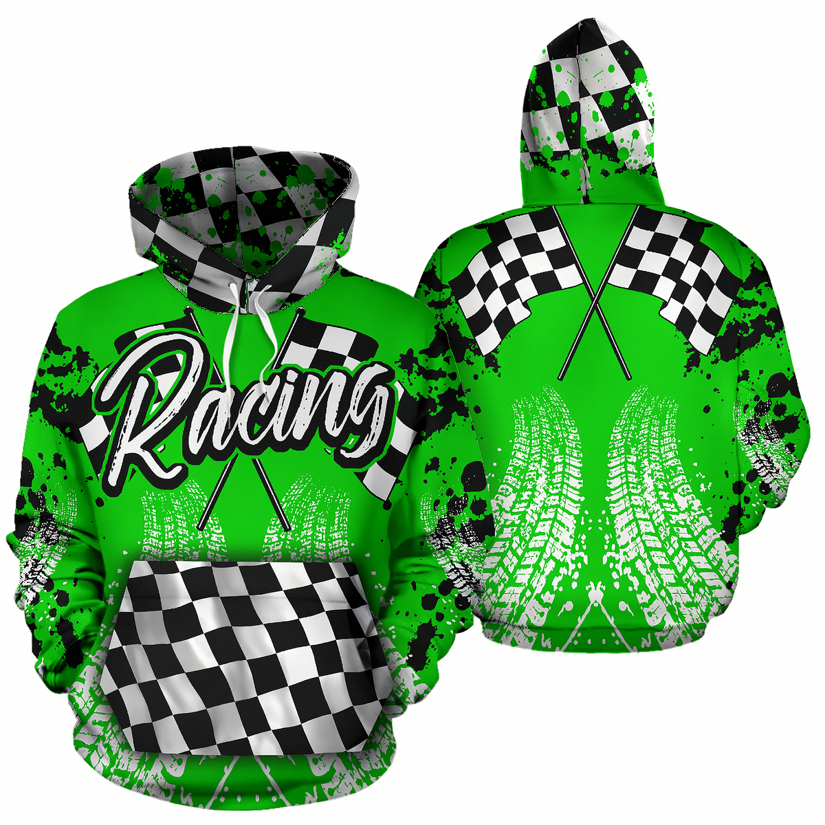 A bright green pullover hoodie with a racing theme, shown from both the front and back. The design features a black and white checkered hood lining, a large 'Racing' script across the chest, crossed checkered flags, tire tracks, and black paint splatters.