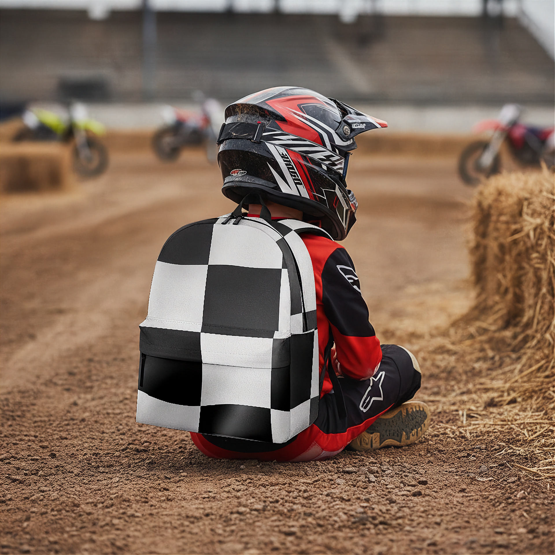 A child wearing a red and black motocross suit and helmet sits on a dirt track, viewed from behind to show a backpack with a black and white checkered pattern. Hay bales and motocross bikes are blurred in the background.