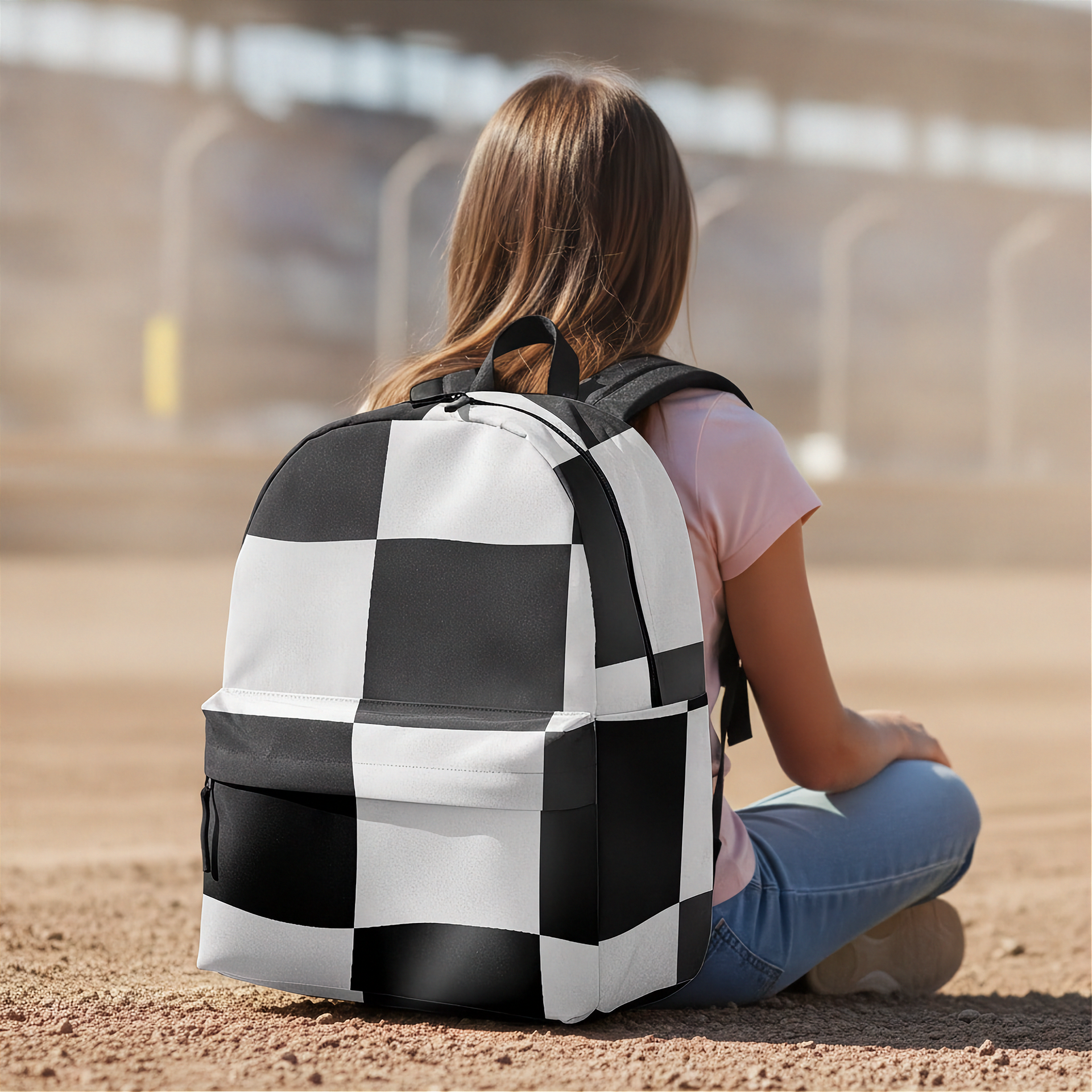 a little girl sitting in a dirt race track and wearing a checkered backpack