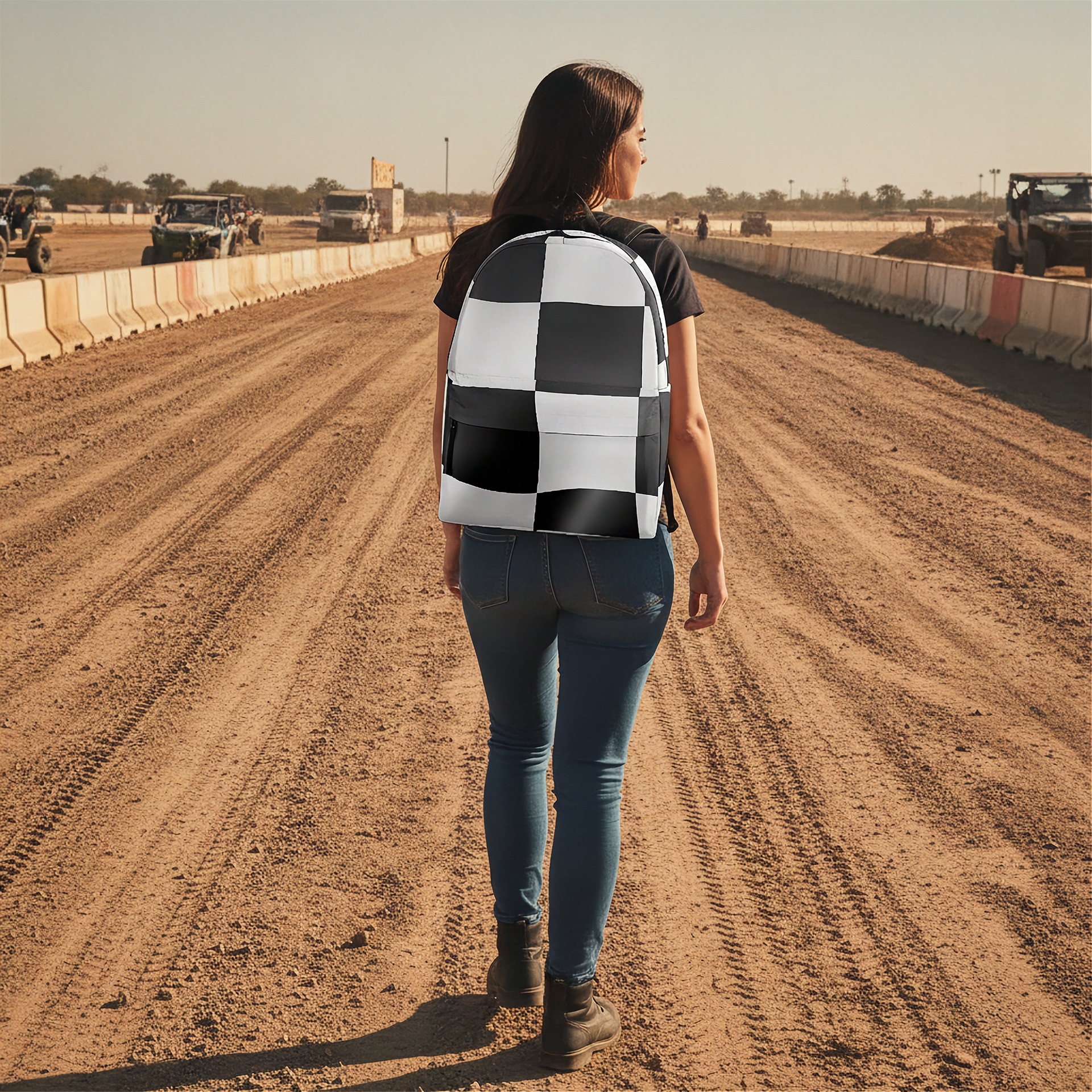 A woman viewed from behind walking on a dirt track wearing a black and white checkered backpack, blue jeans, and a black t-shirt.