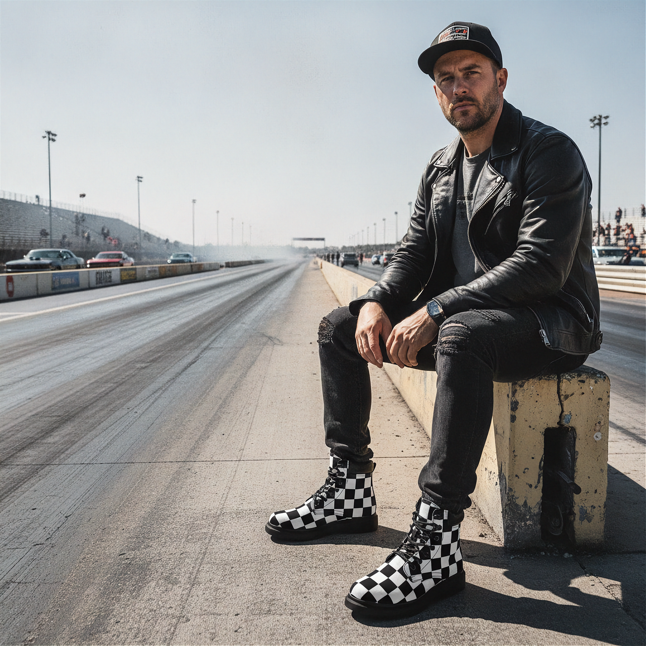 Man sitting on a concrete block on a race track wearing checkered boots.