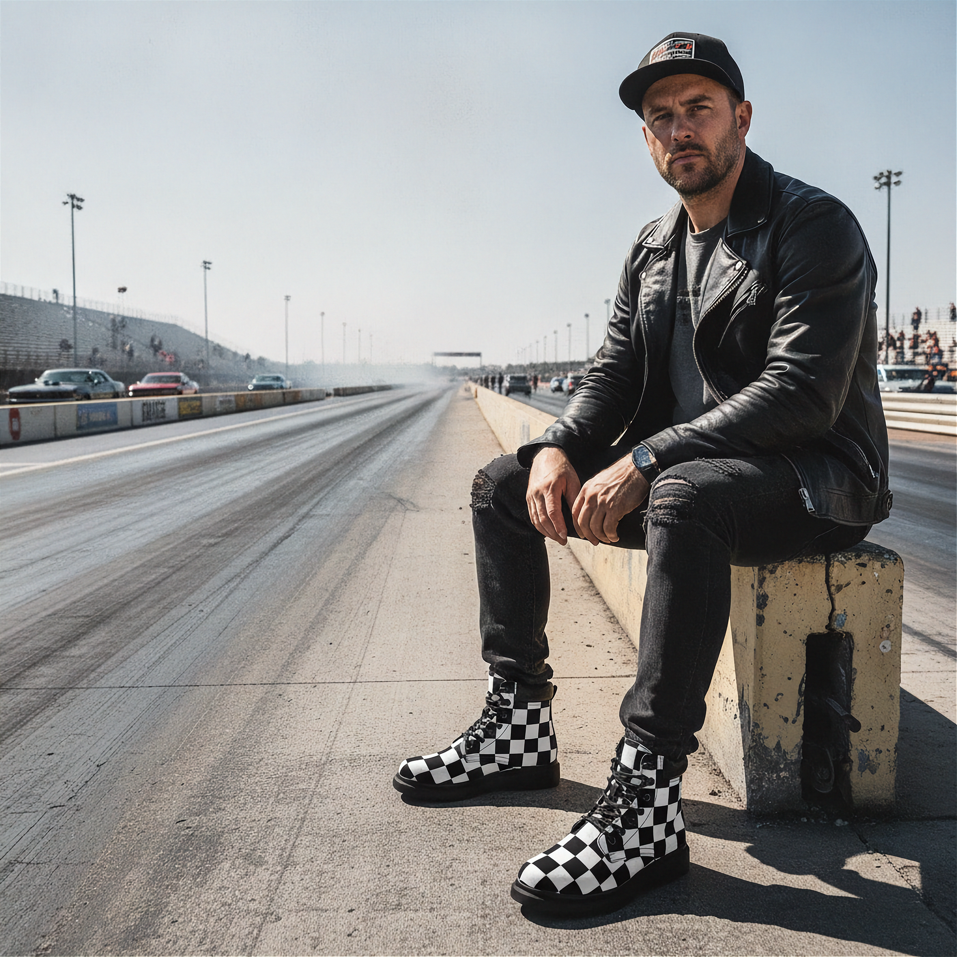 Man sitting on a concrete block on a race track wearing checkered boots.