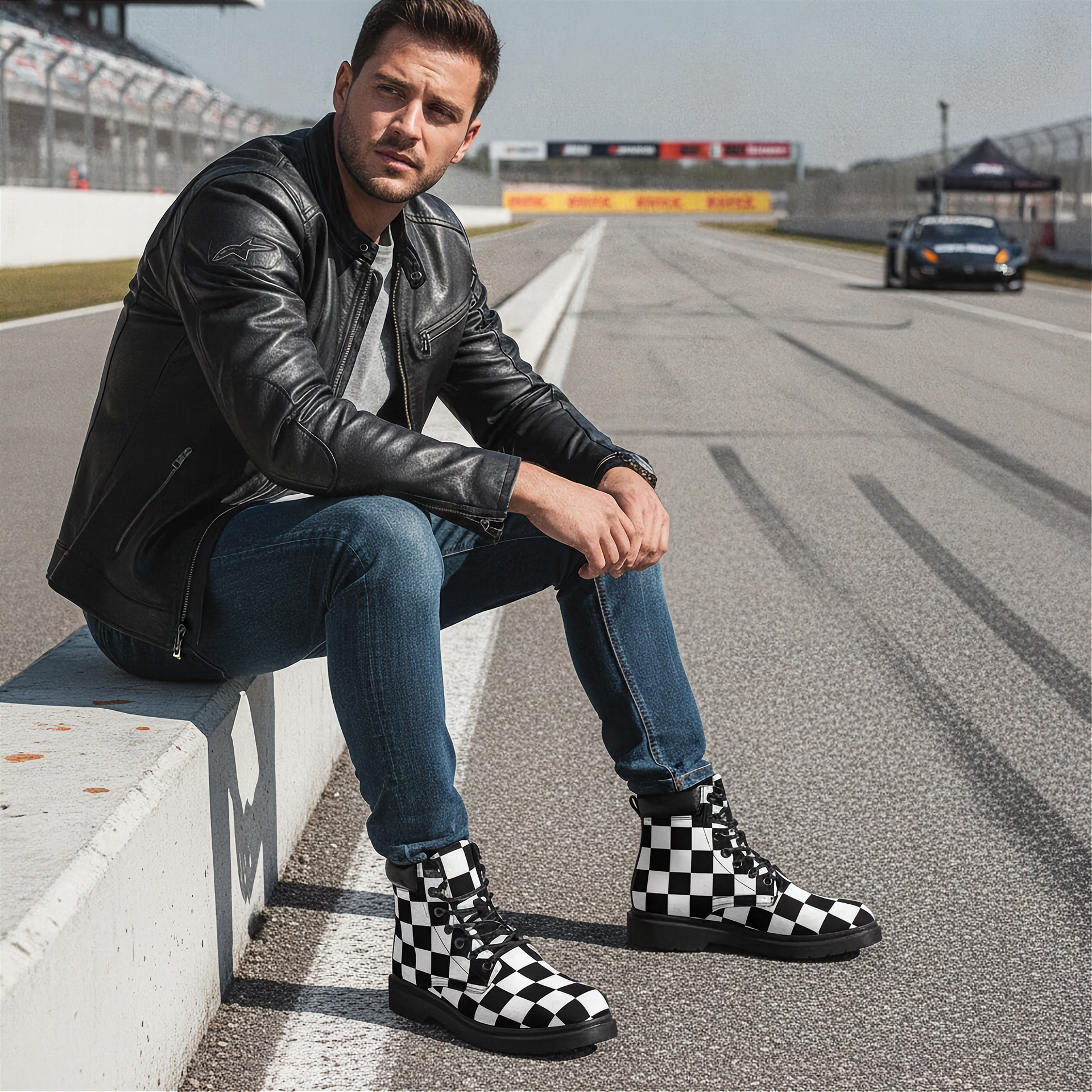 Man sitting on a race track wearing checkered boots