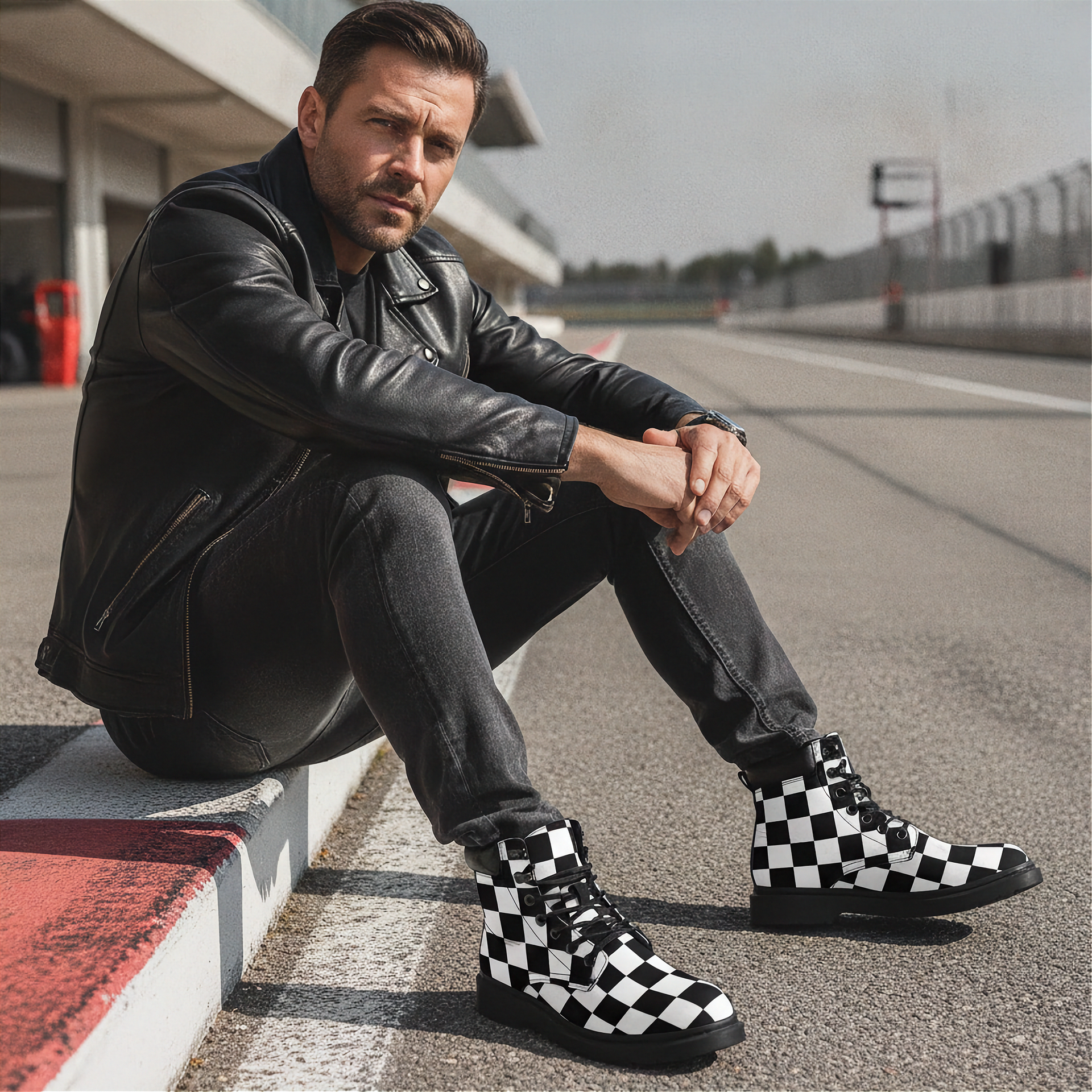Man sitting on a race track wearing black leather jacket, jeans, and checkered boots.