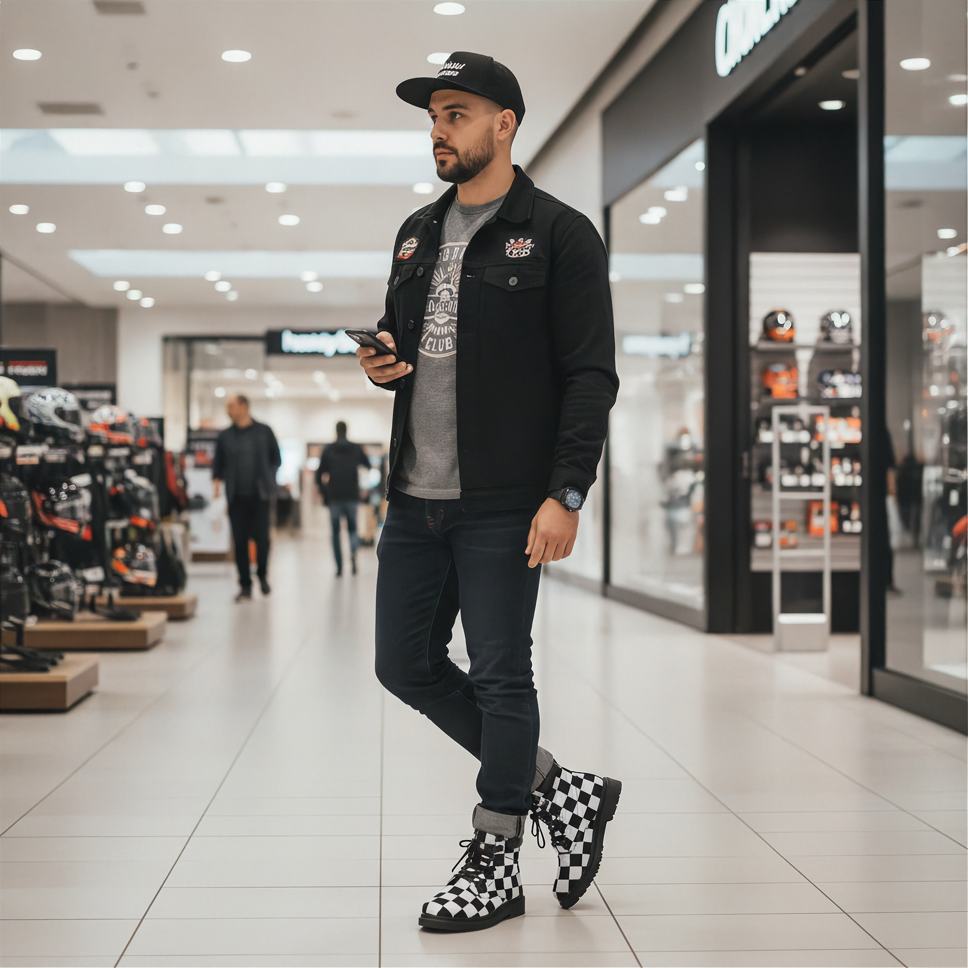 Man in a black jacket and checkered boots standing in a shopping mall.