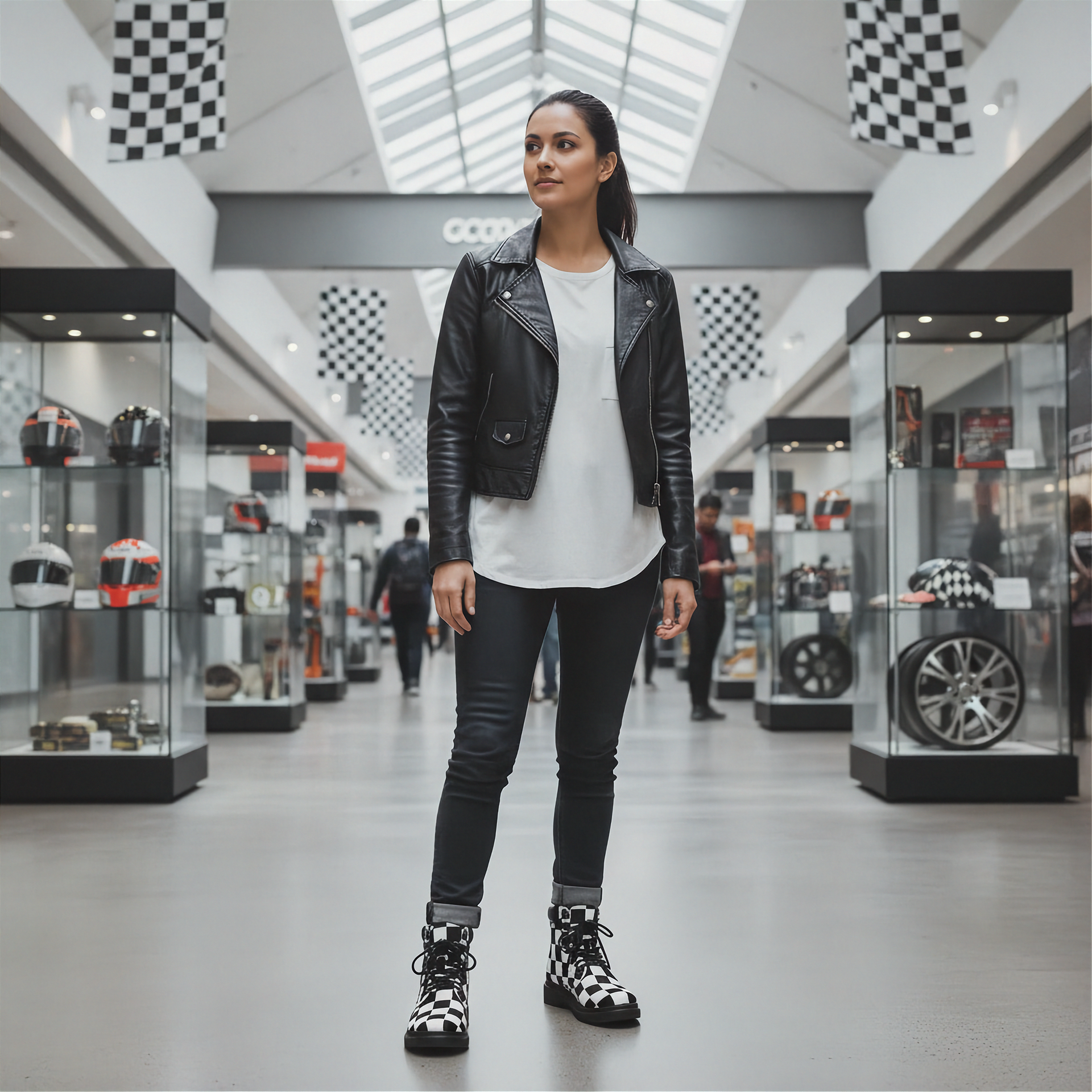 Woman in a leather jacket and black pants standing in a store with motorcycle gear on display.
