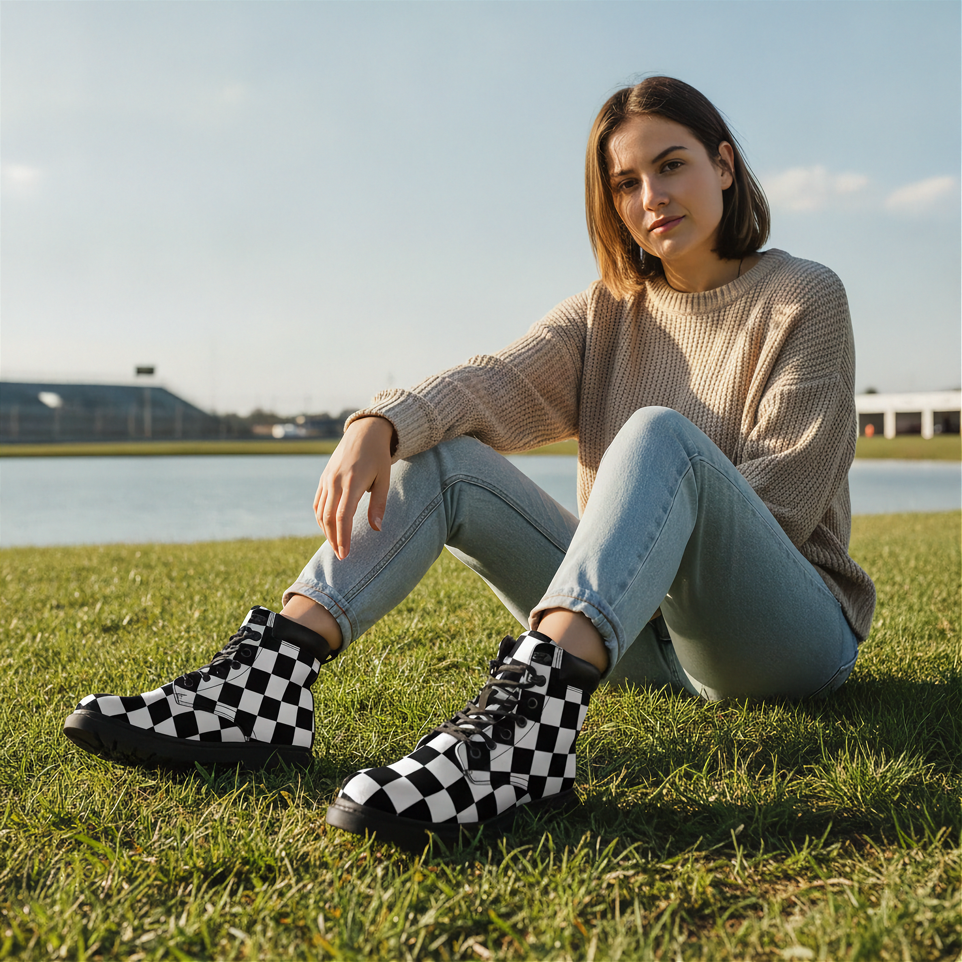 Woman sitting on grass wearing black and white checkered boots, beige sweater, and light blue jeans.