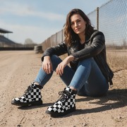 Woman wearing black and white checkered boots sitting on a dirt road.