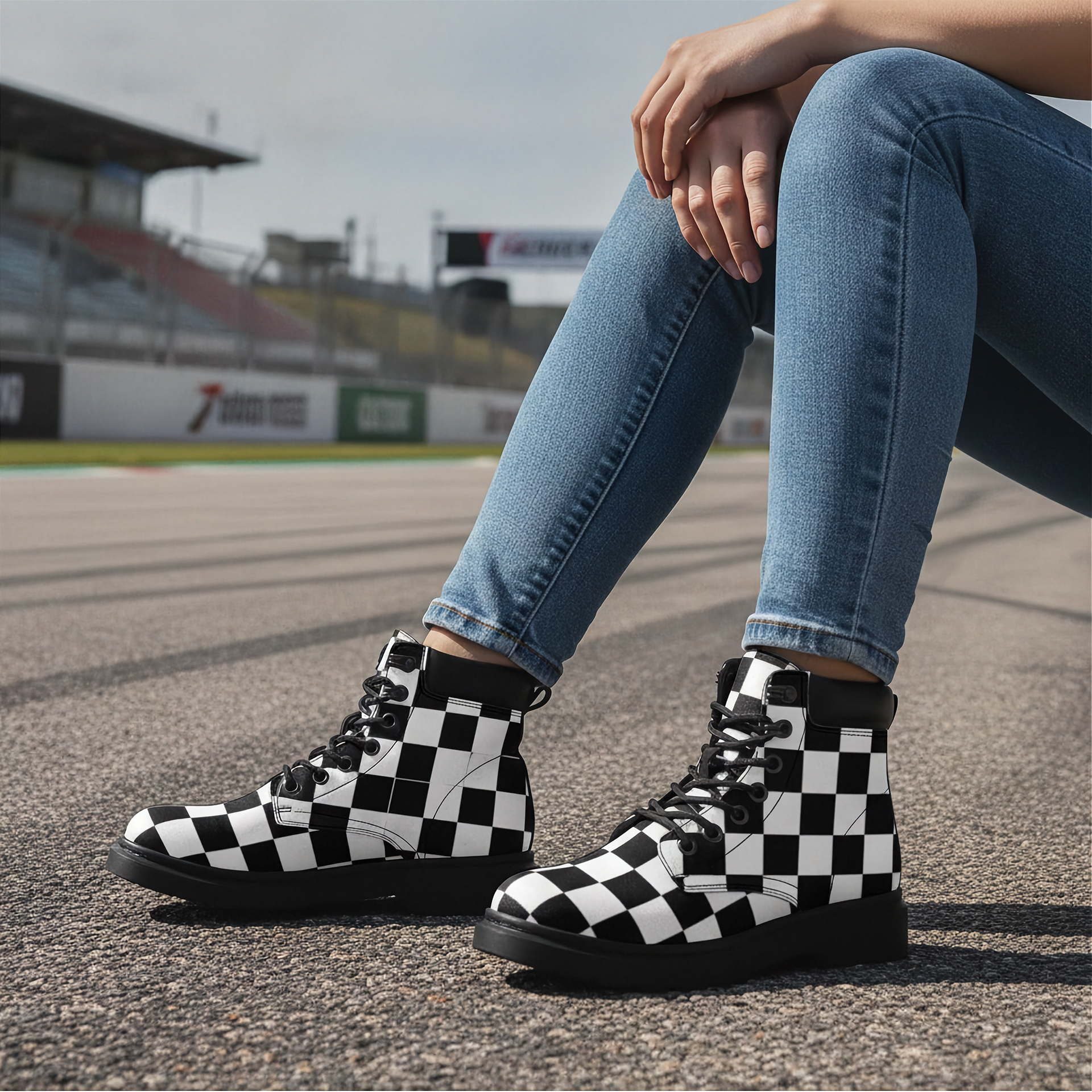 Woman wearing black and white checkered boots on a race track.