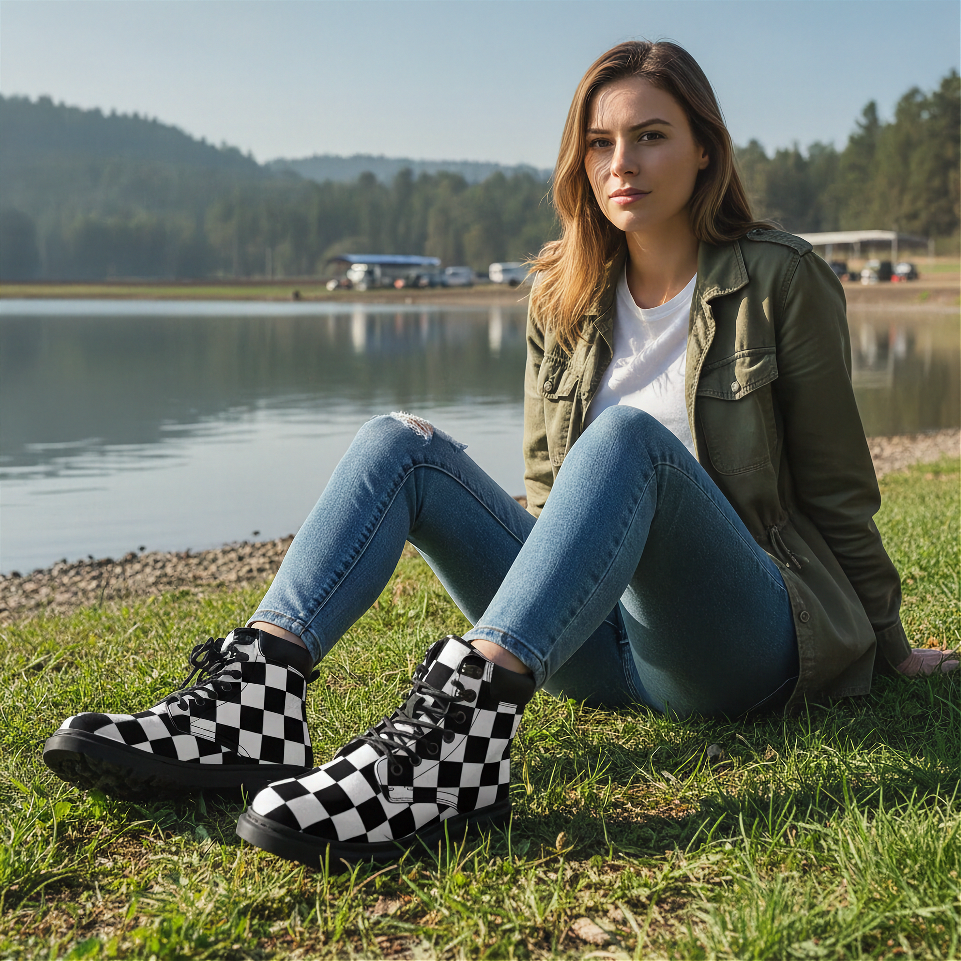 Woman sitting by a lake wearing checkered boots