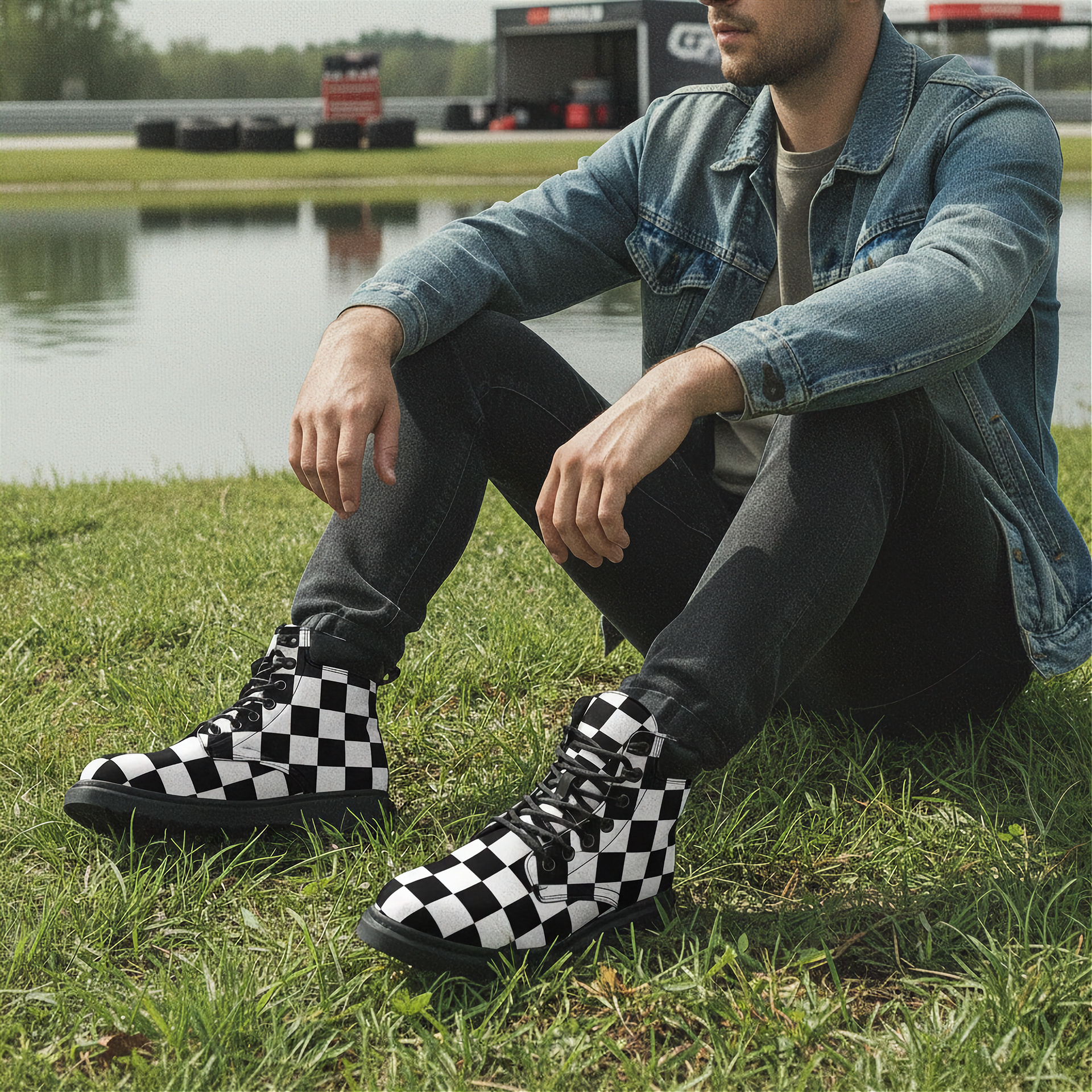 Man wearing checkered boots sitting on grass near a lake