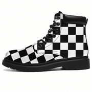 Black and white checkered boots on a white background