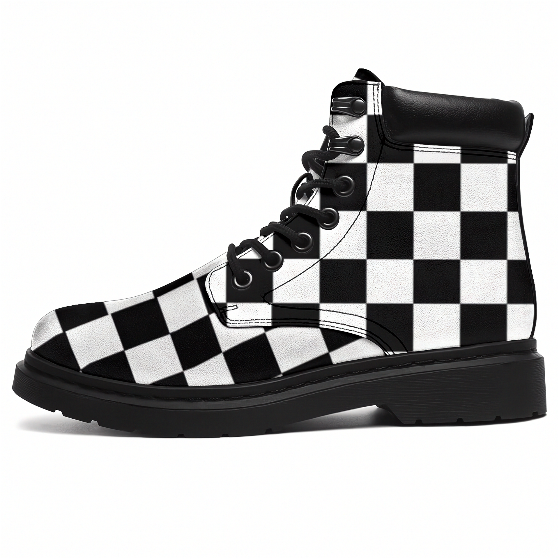 Black and white checkered boots on a white background