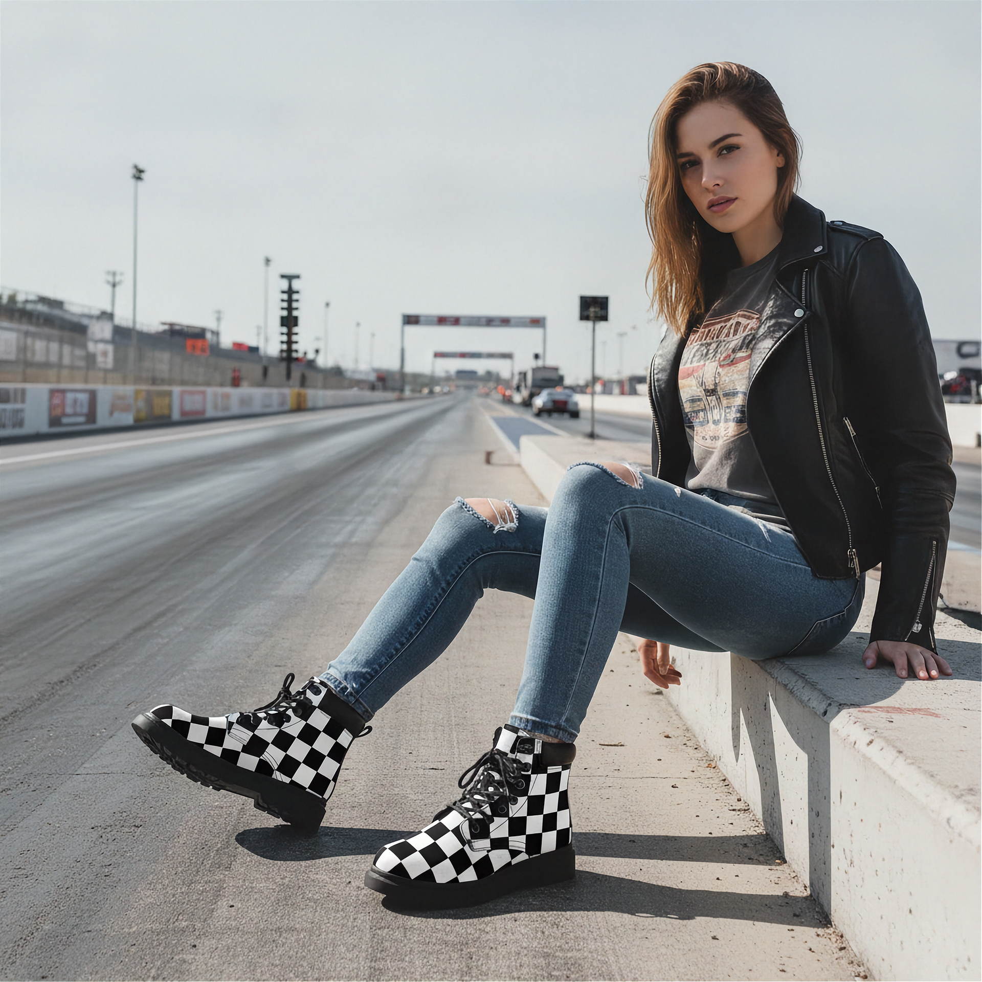 Woman sitting on a concrete barrier at a race track wearing checkered boots.