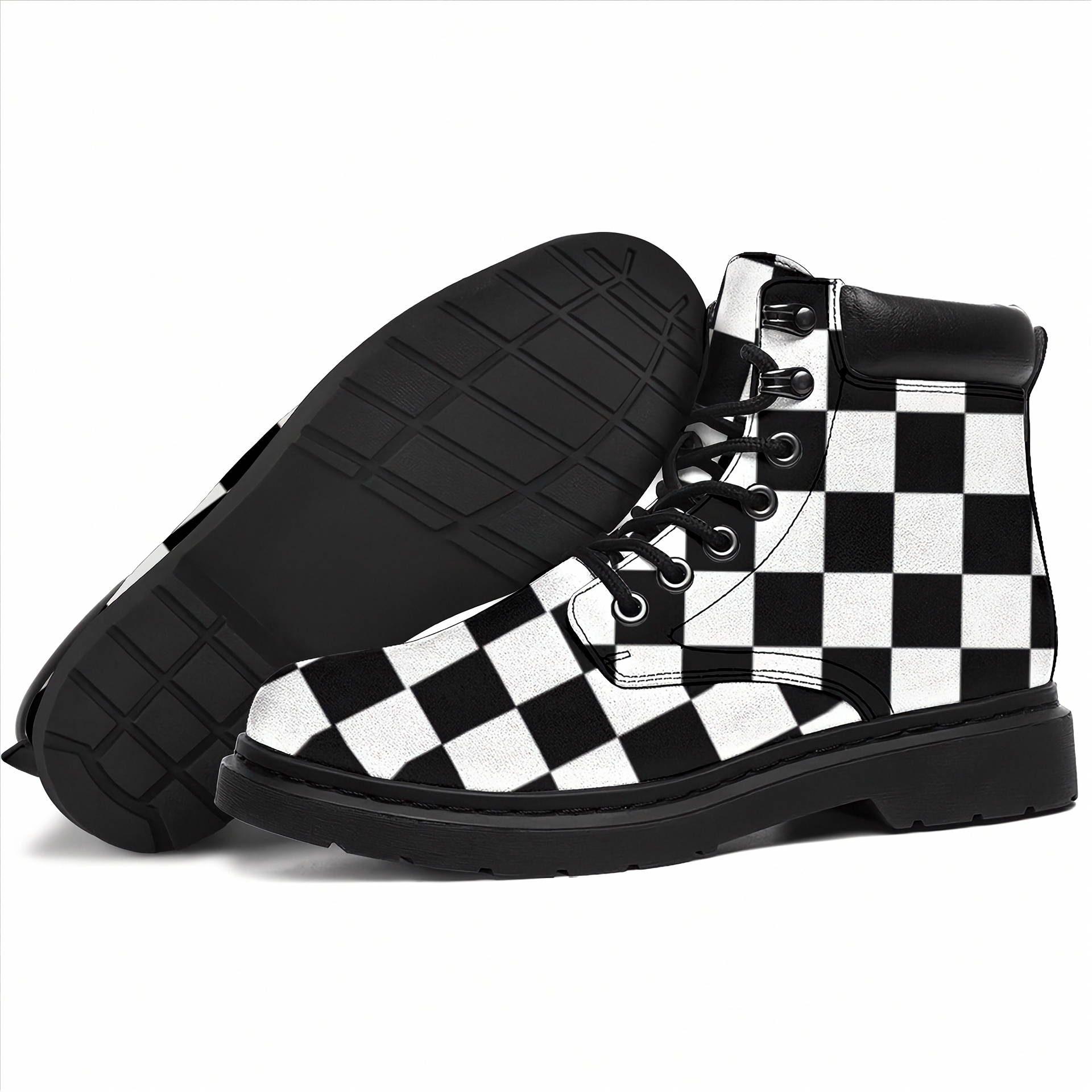Black and white checkered boots on a white background