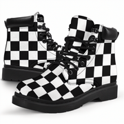 Black and white checkered boots on a white background