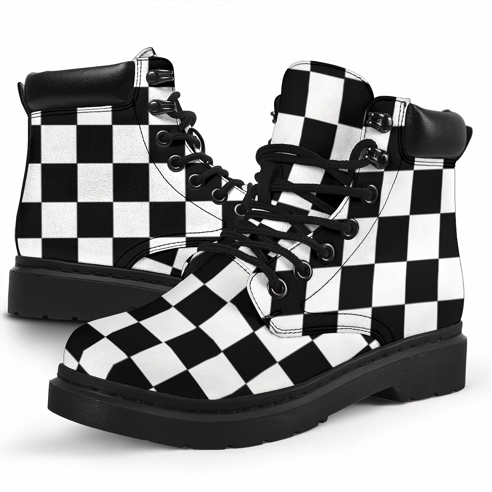 Black and white checkered boots on a white background