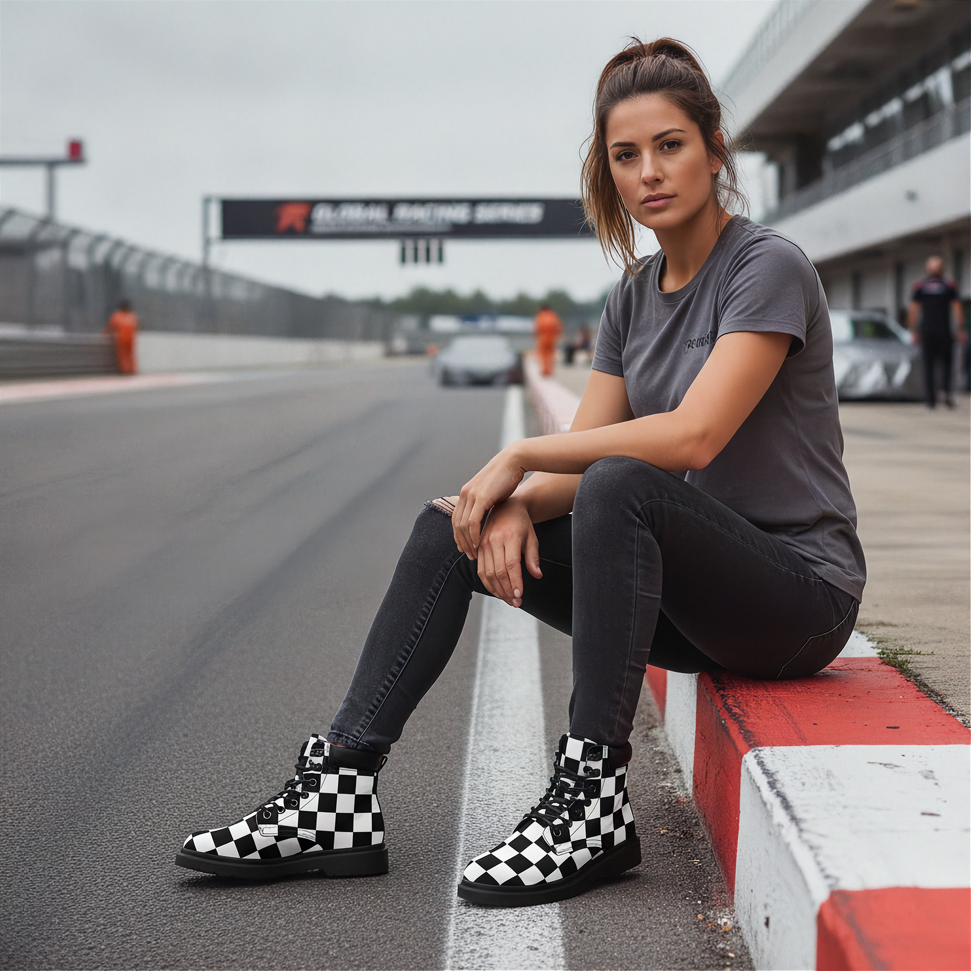 Woman sitting on a race track wearing checkered boots