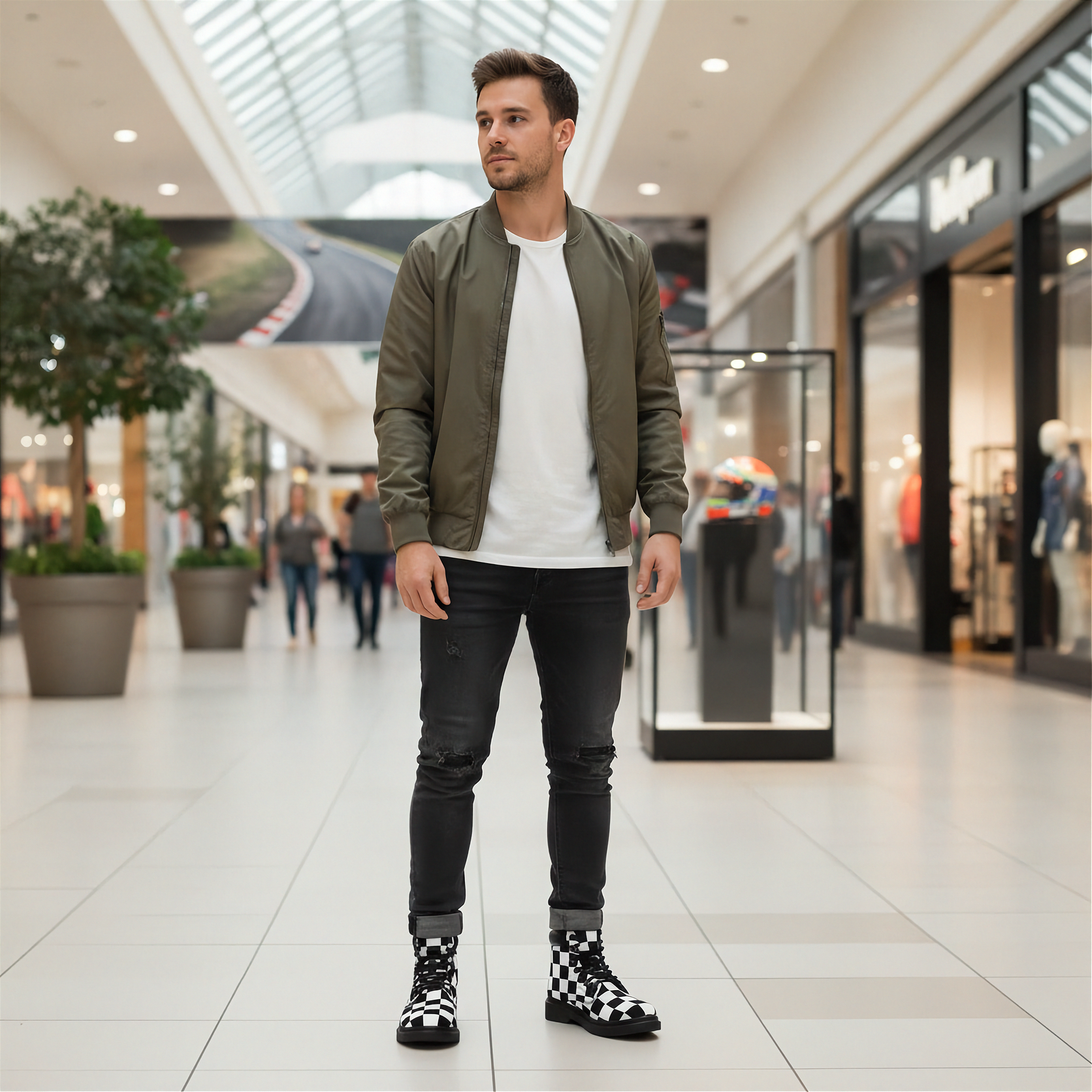 Man standing in a shopping mall wearing a green bomber jacket, white shirt, black jeans, and checkered boots.