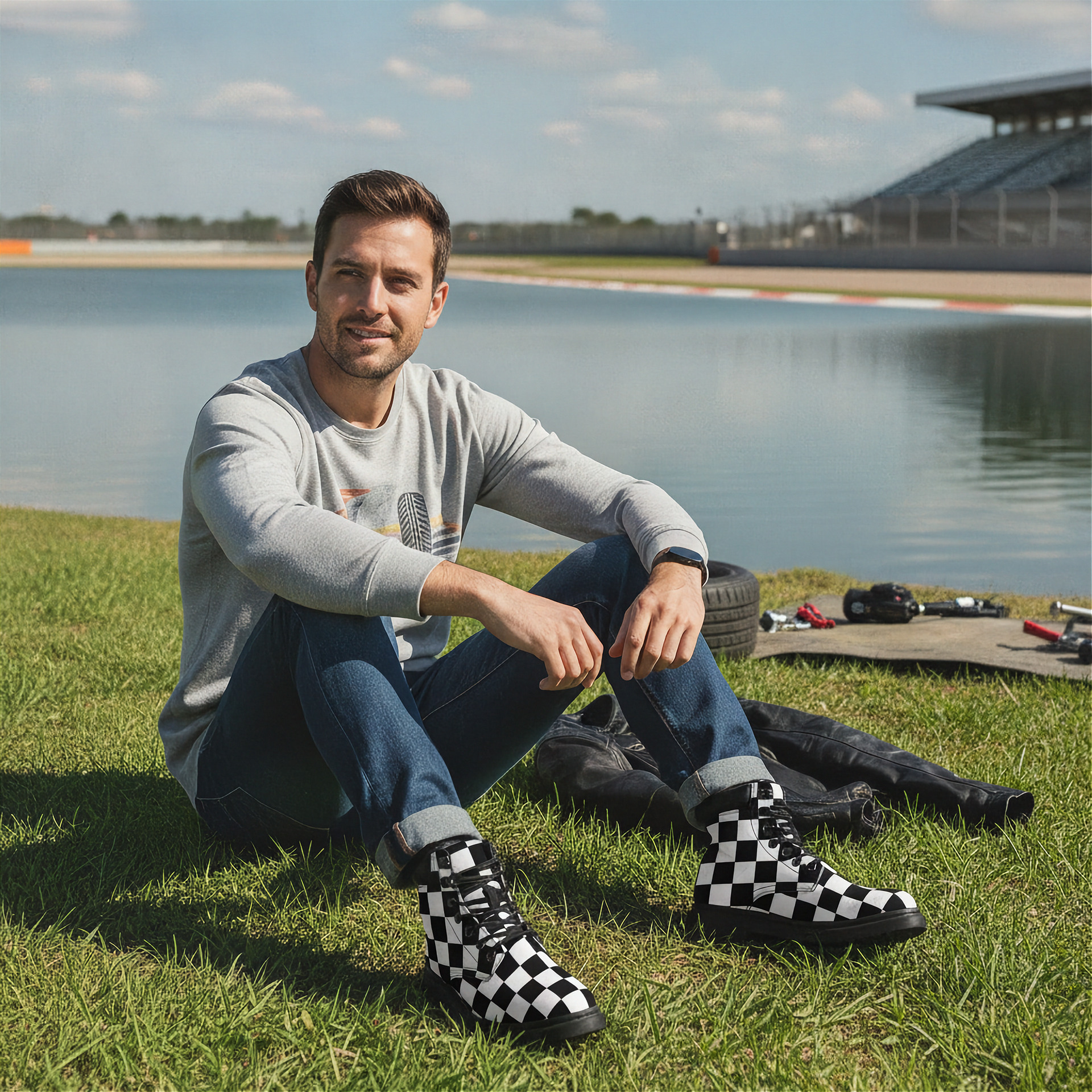 Man sitting on grass by a lake with checkered boots