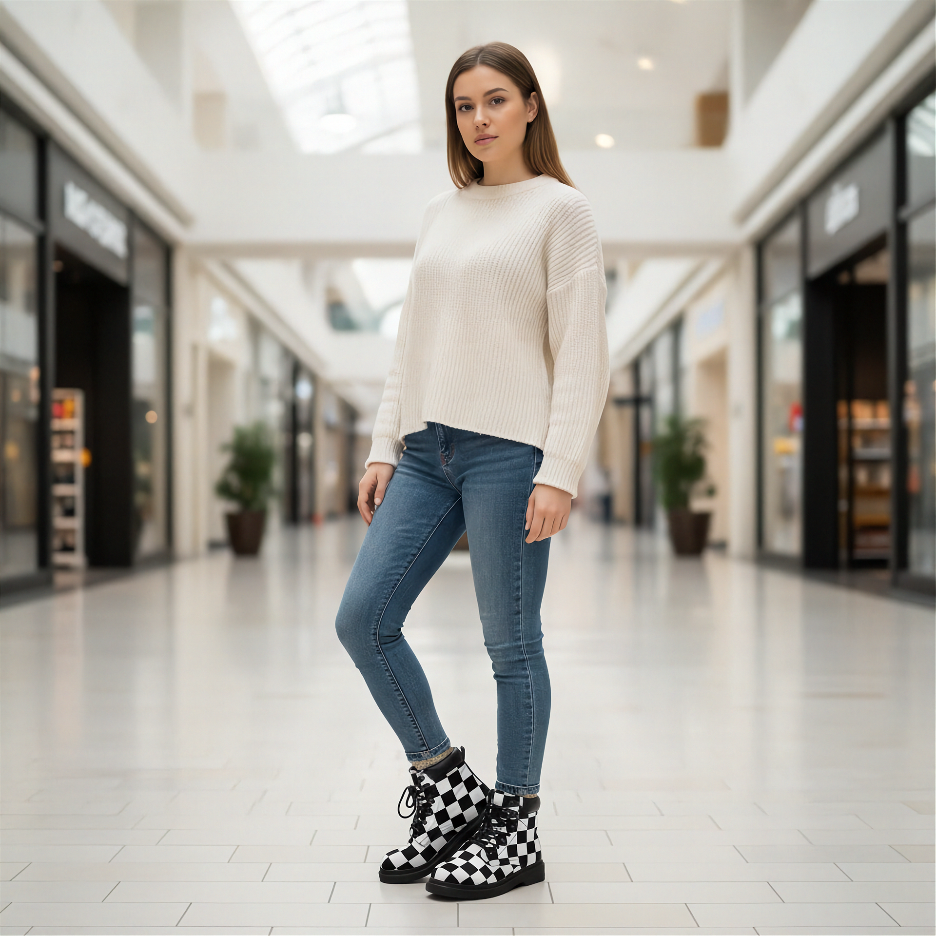 Woman wearing a white sweater, blue jeans, and checkered boots in a shopping mall.