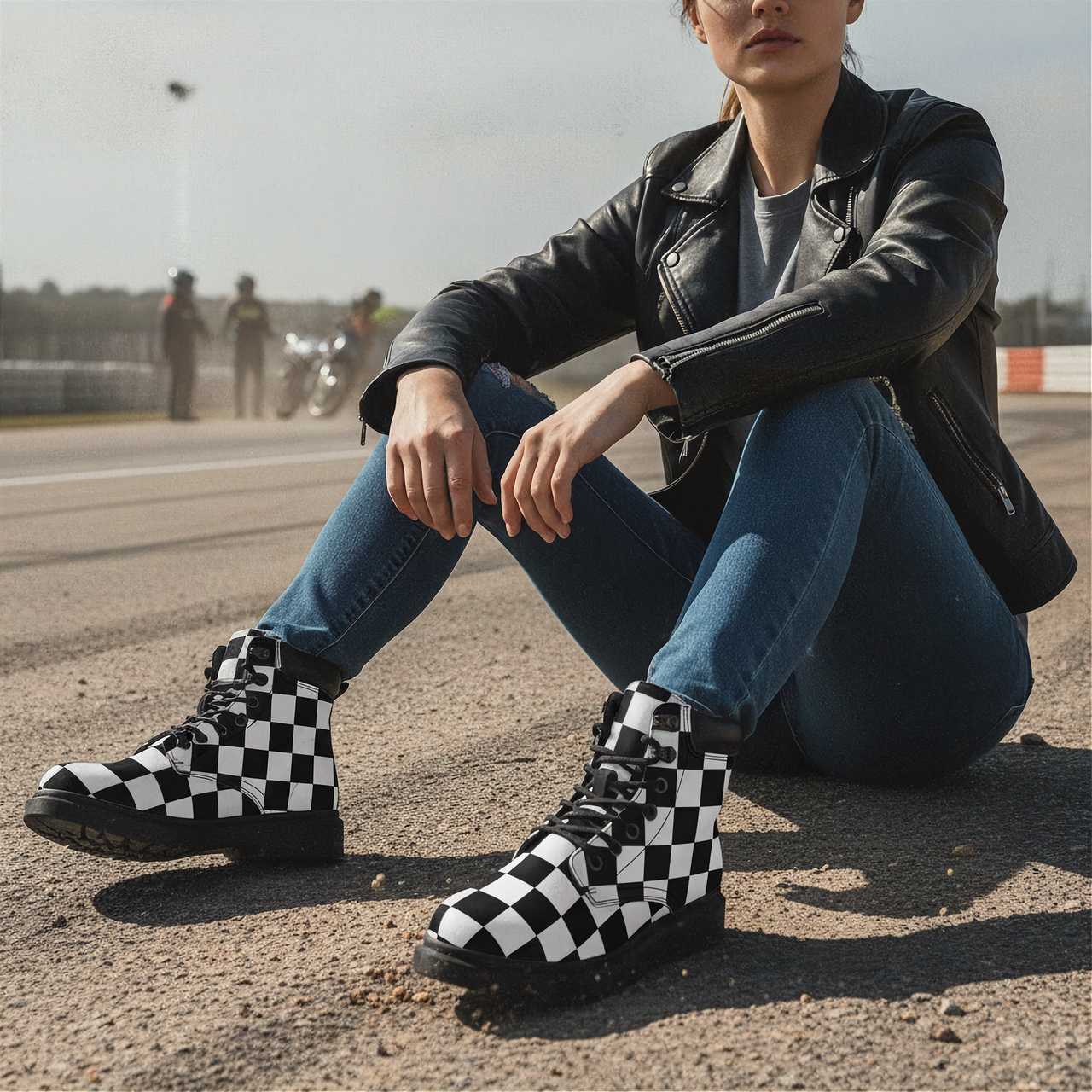 Person wearing checkered boots sitting on a track with people and motorcycles in the background