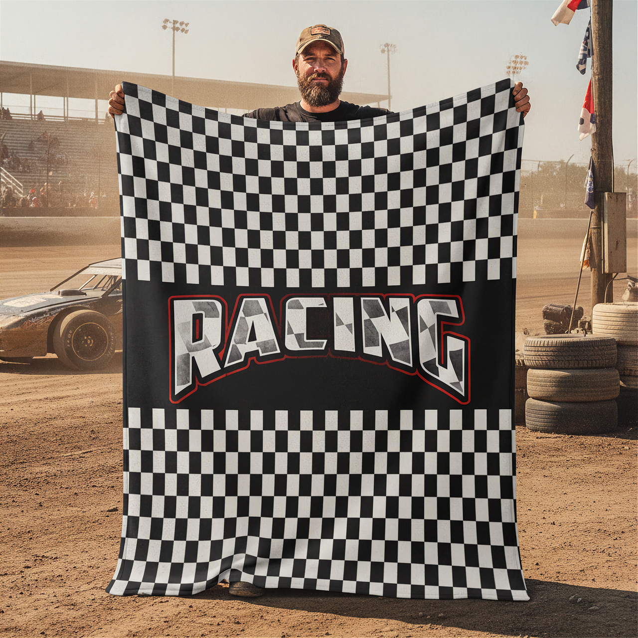 Man holding a checkered racing flag with 'Racing' text at a race track.