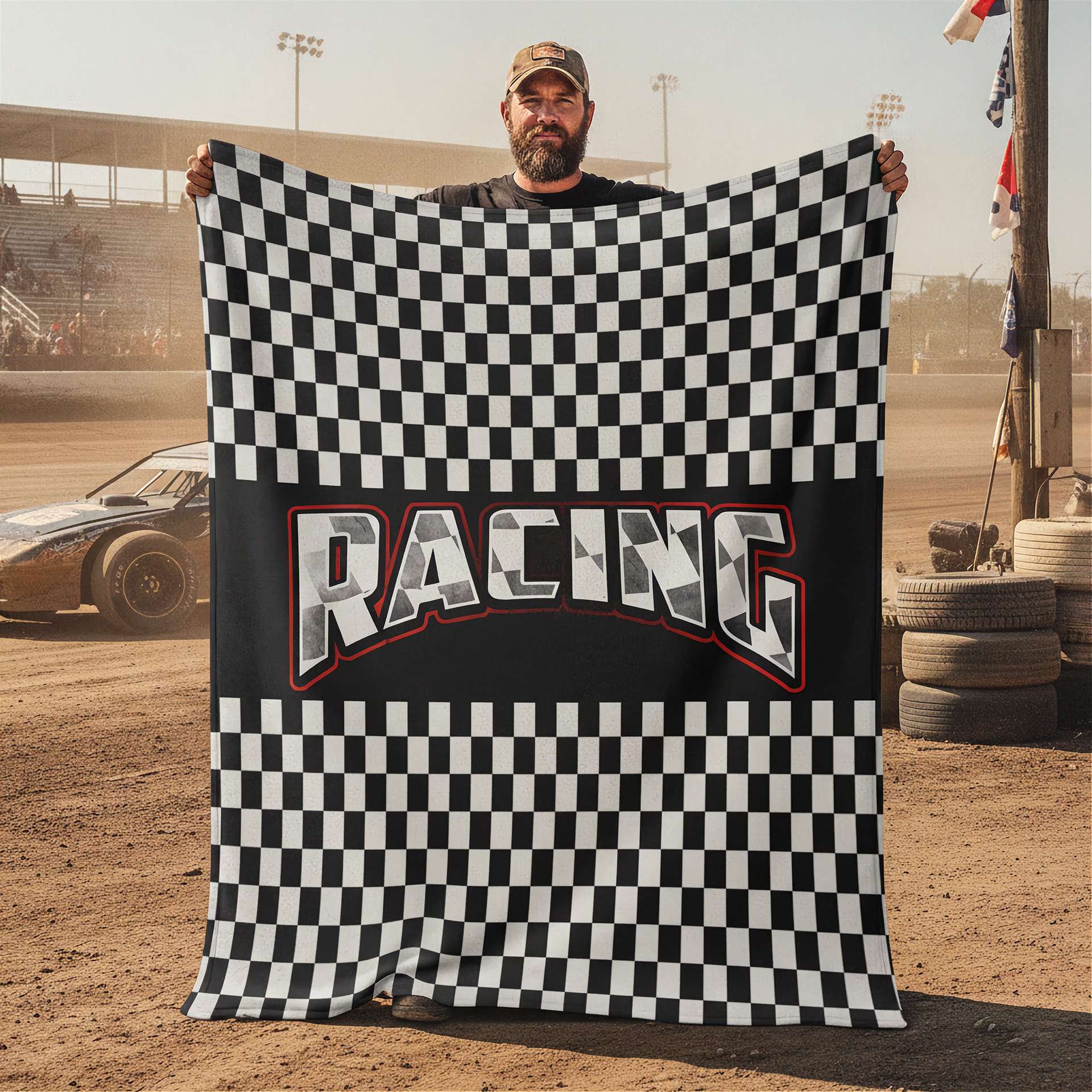 Man holding a checkered racing flag with 'Racing' text at a race track.