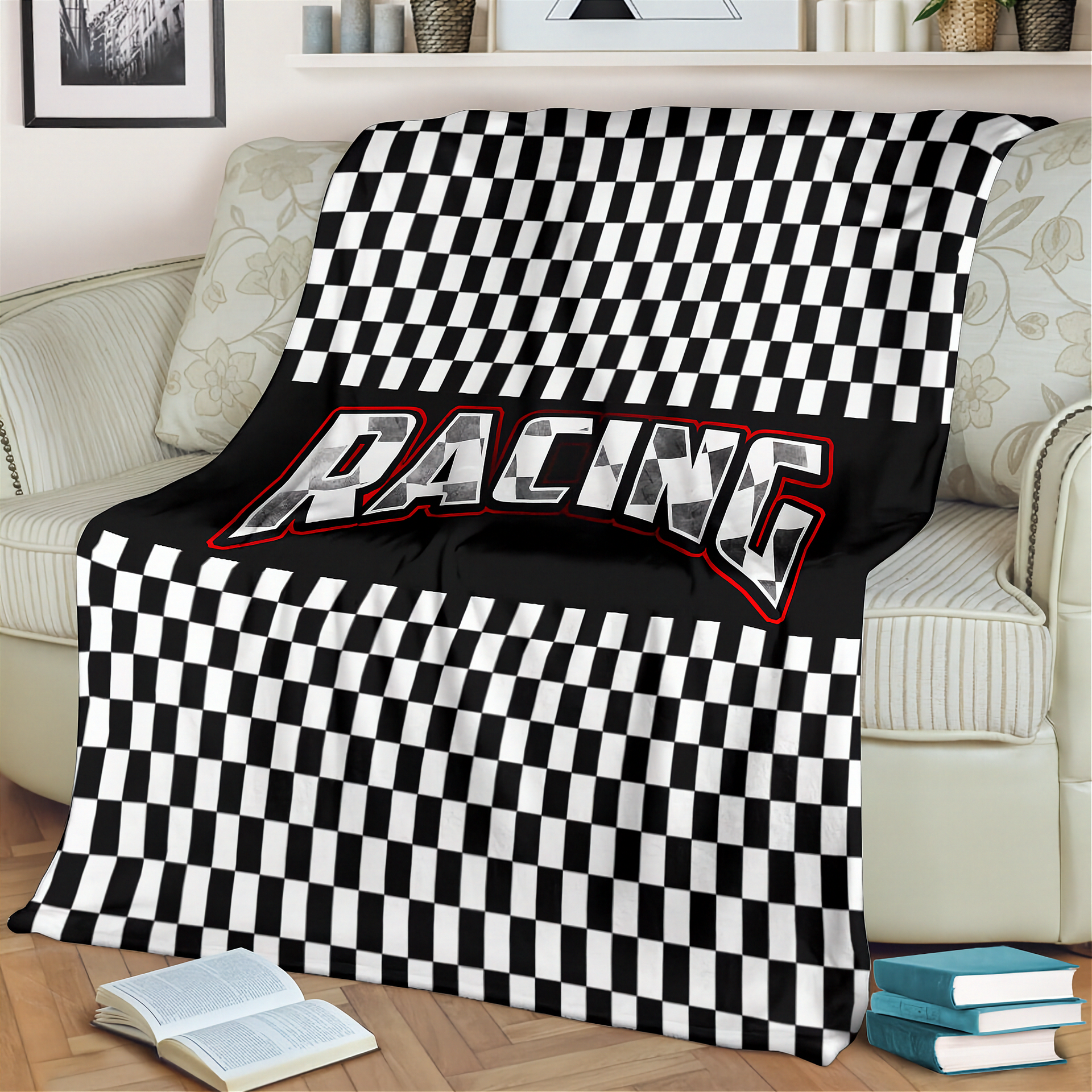 Checkered racing blanket with 'RACING' text draped over a couch in a living room.