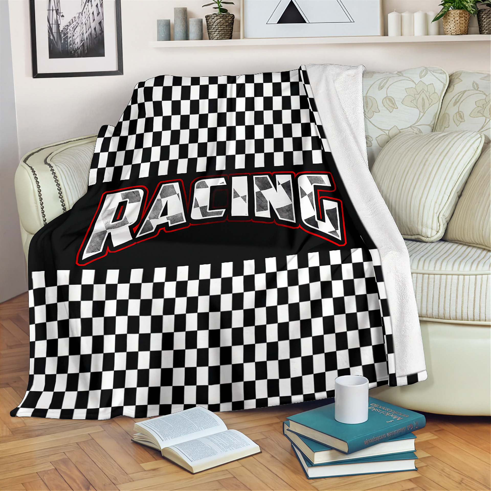 Checkered racing blanket draped over a couch in a living room.
