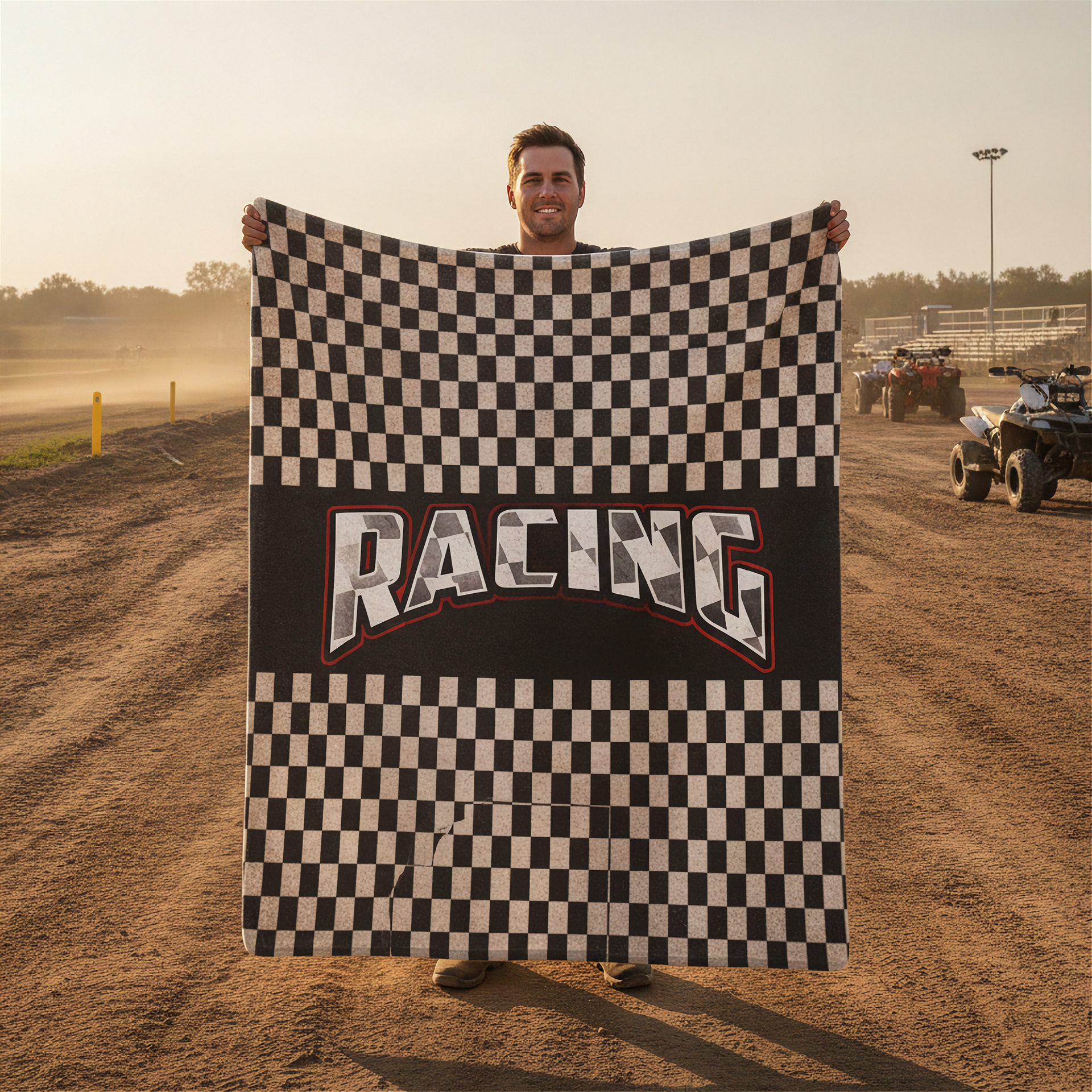 Man holding a checkered flag with 'Racing' text on a dirt track.