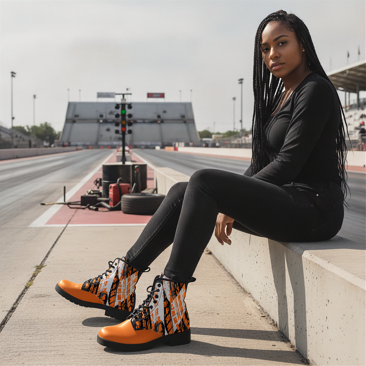 Woman sitting in a drag track wearing a checkered pattern orange boots