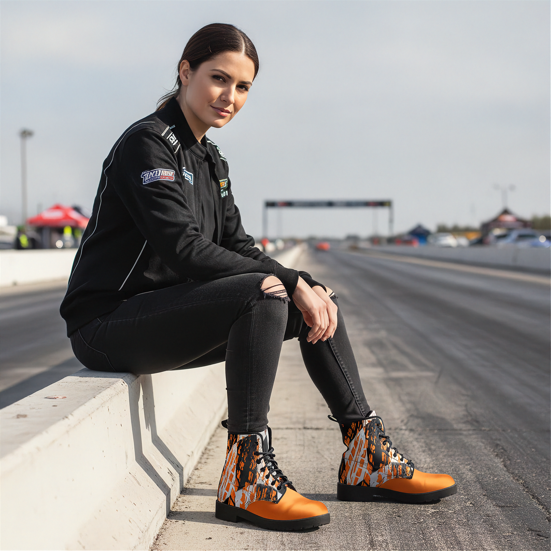 Woman sitting in a drag track wearing a checkered pattern orange boots