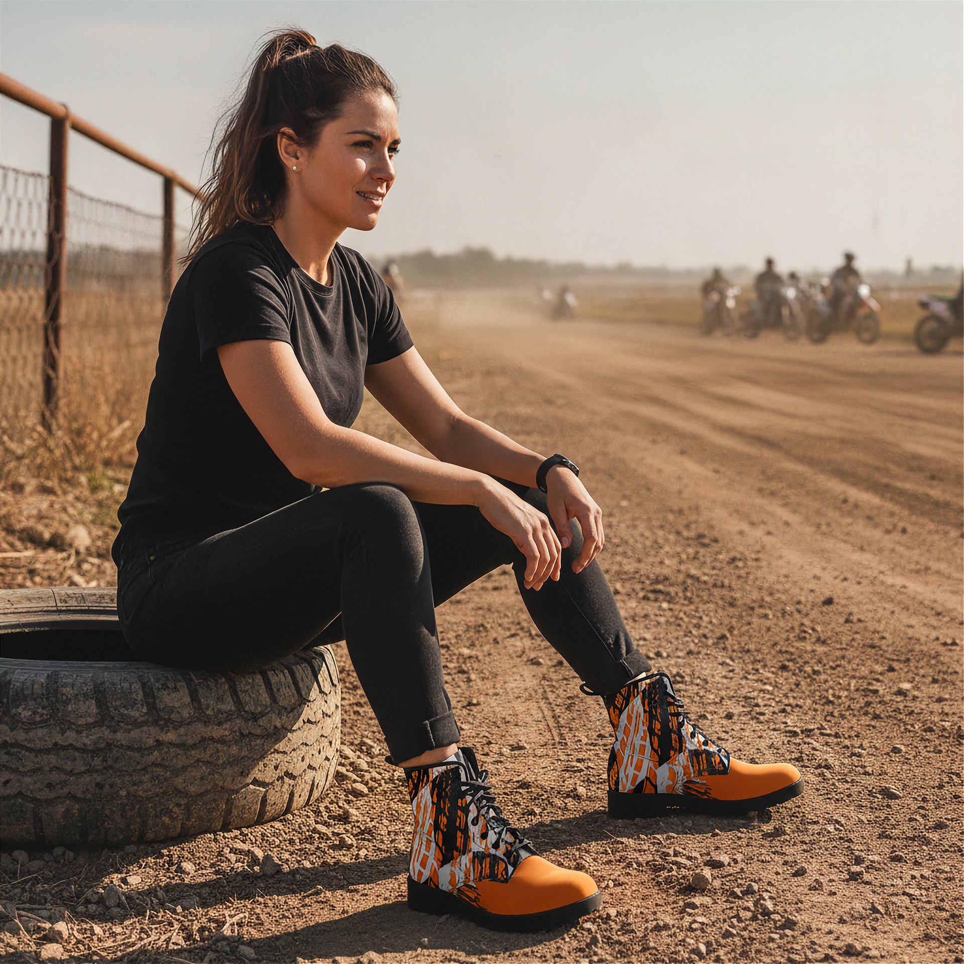 Woman sitting on a tier on a dirt track wearing a checkered pattern orange boots